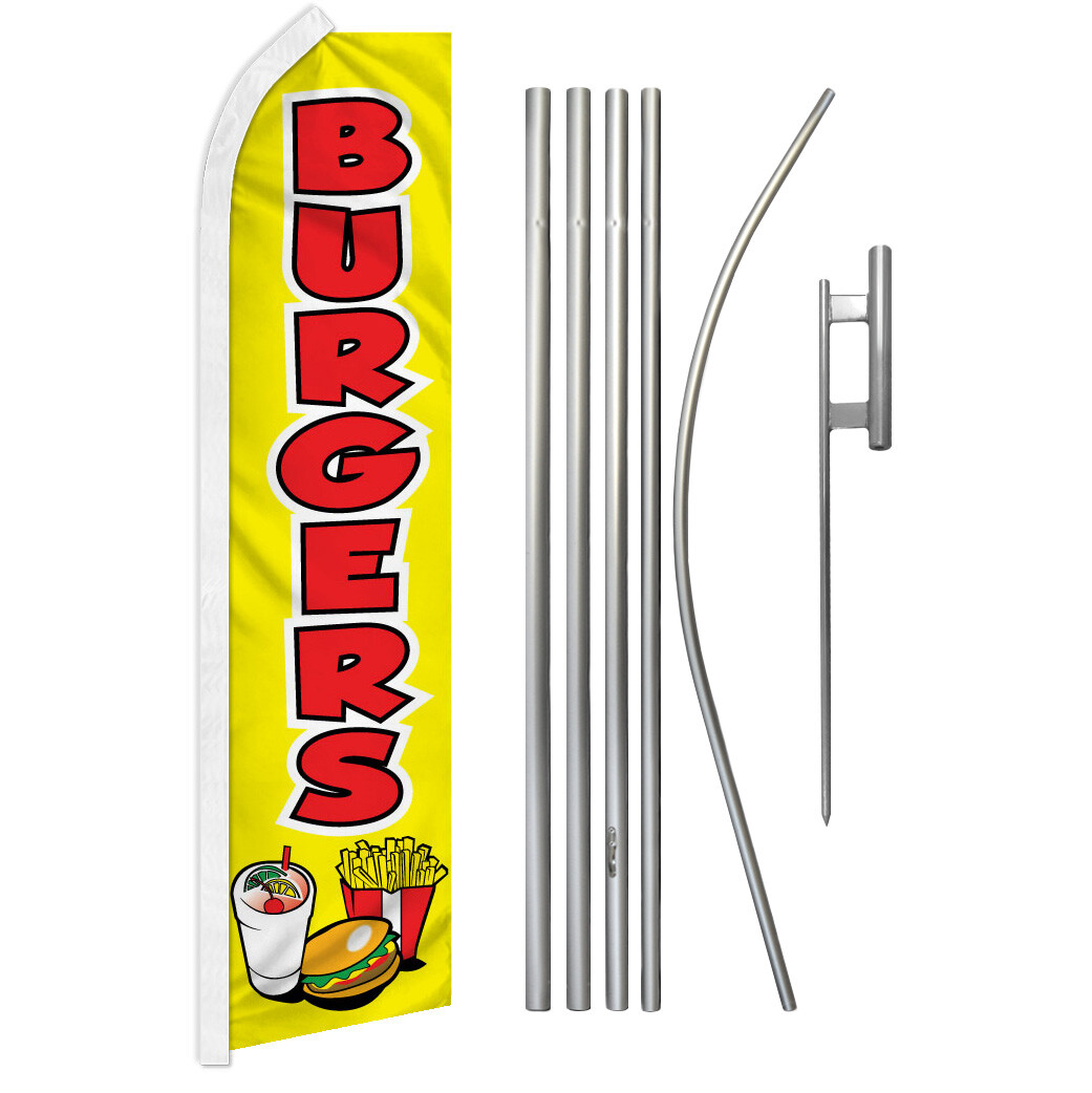 Burgers Advertising Swooper Feather Flutter Flag & Pole Kit Restaurant Food