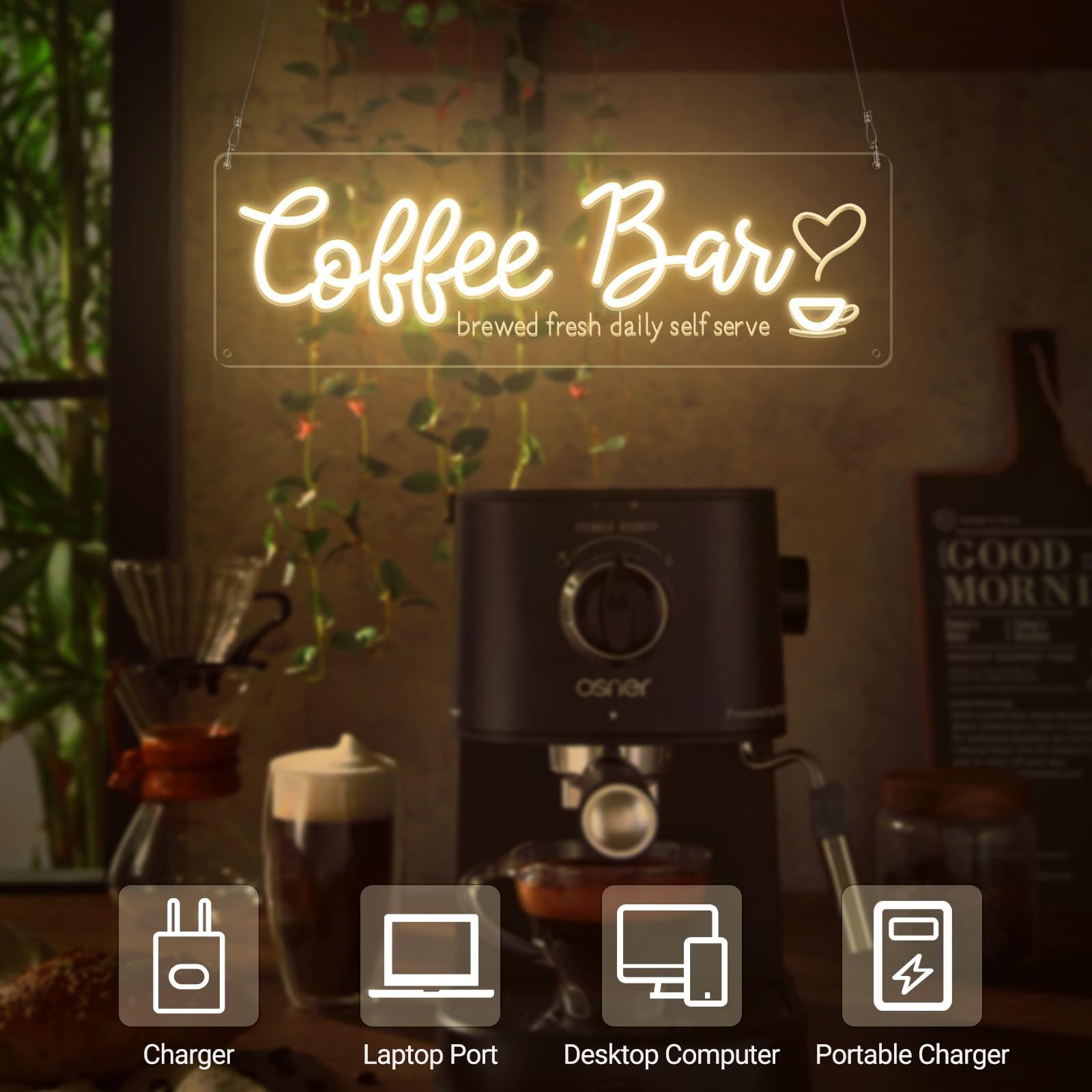 Coffee Bar Neon Sign with Timer Remote Dimmer, Warm White LED Coffee Light fo…