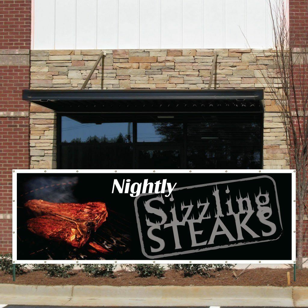Sizzling Steaks Nightly Vinyl Banner with Grommets