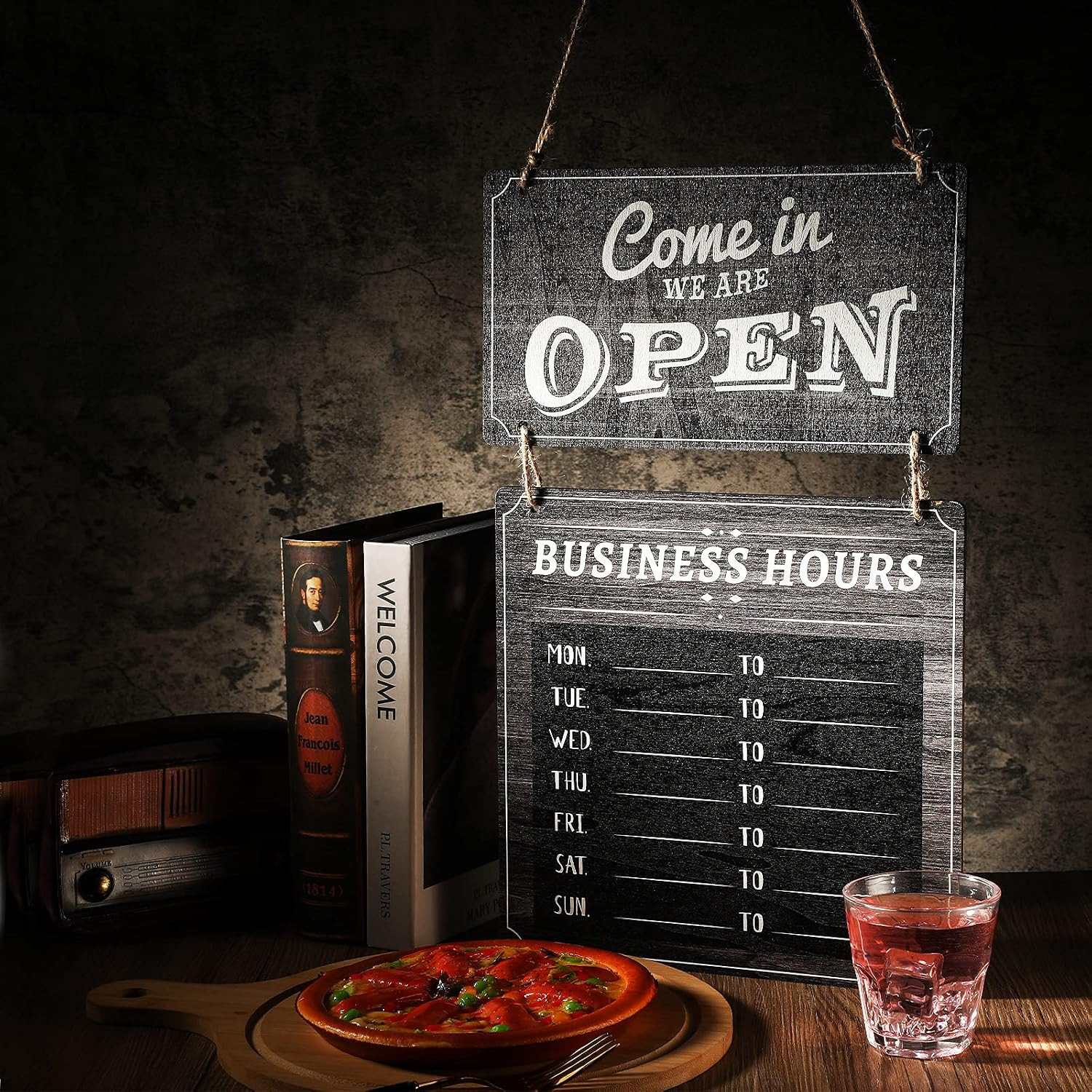 Business Hours Sign Hanging Open and Closed Mark Wooden Double Sided with Time S