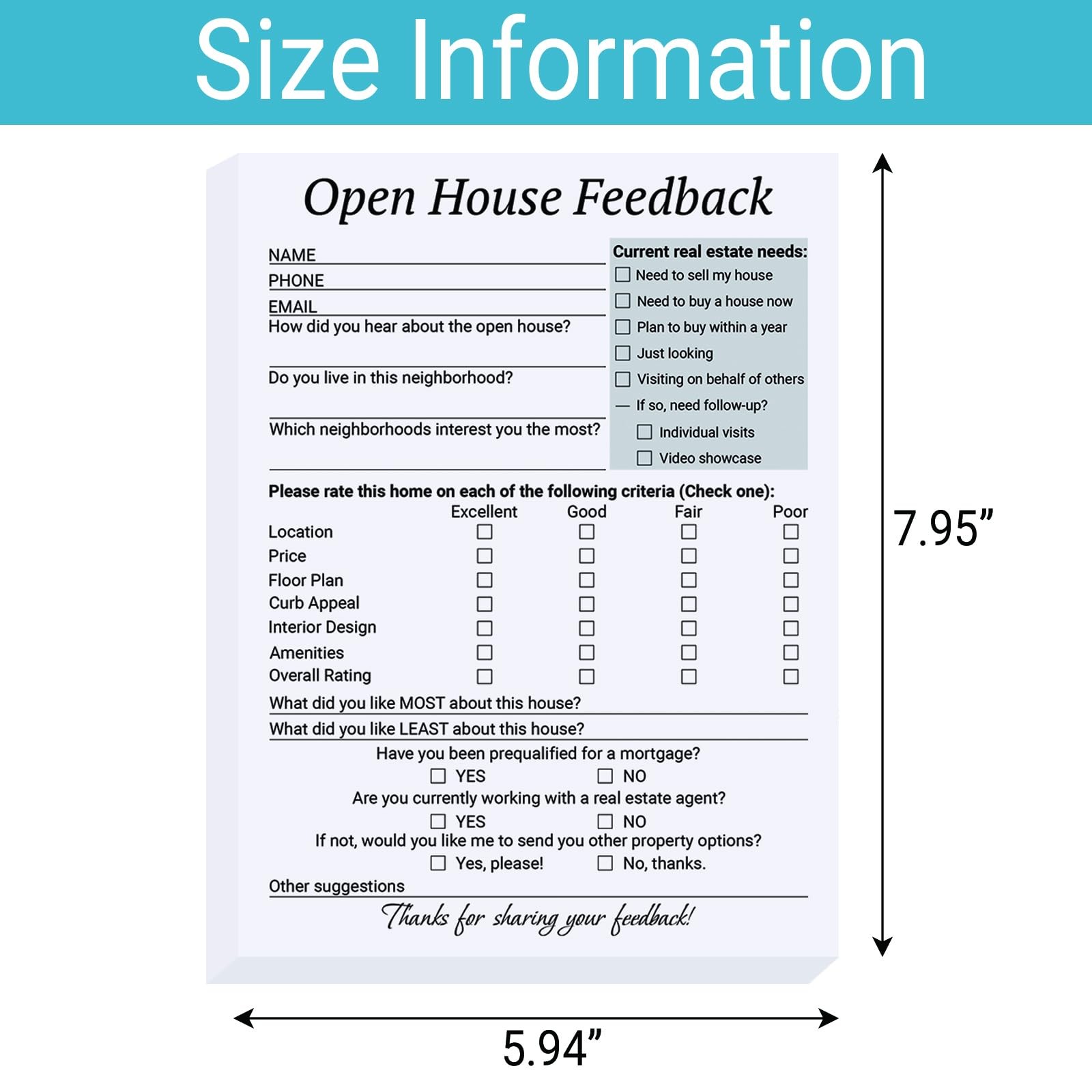 300 PCS 6×8 Inch Open House Feedback Notepad Realtor SignIn Form Real Estate
