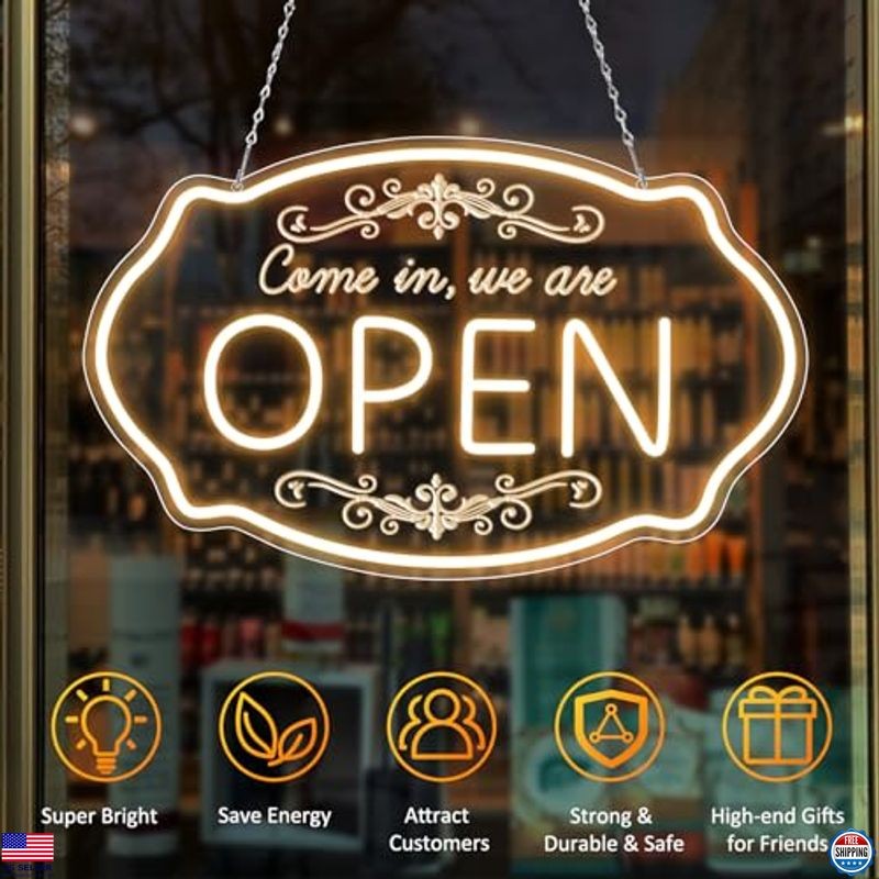 LED Neon Open Sign for Business, 16.5×10” Come in We’re Open Sign, Warm White