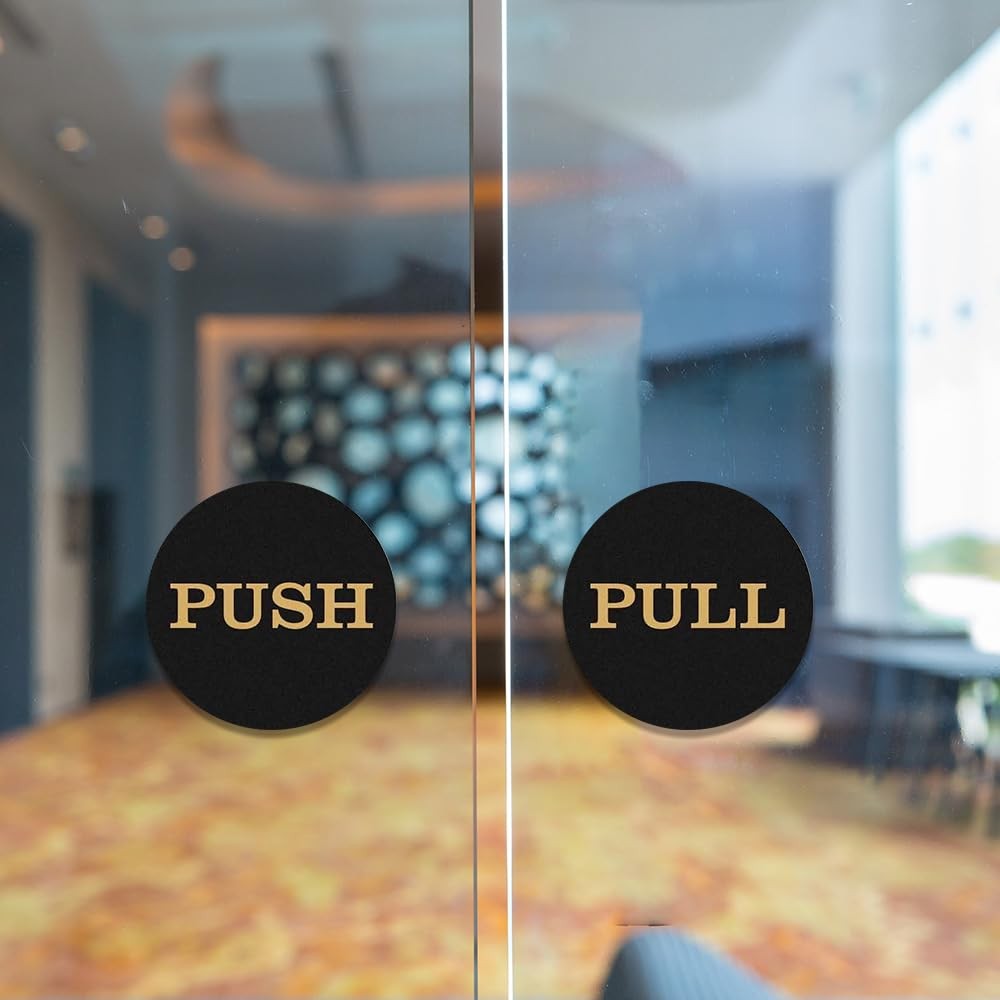 2 Inch Round Push/Pull Door Signs BlackGold 4 PCS Set Interior Exterior