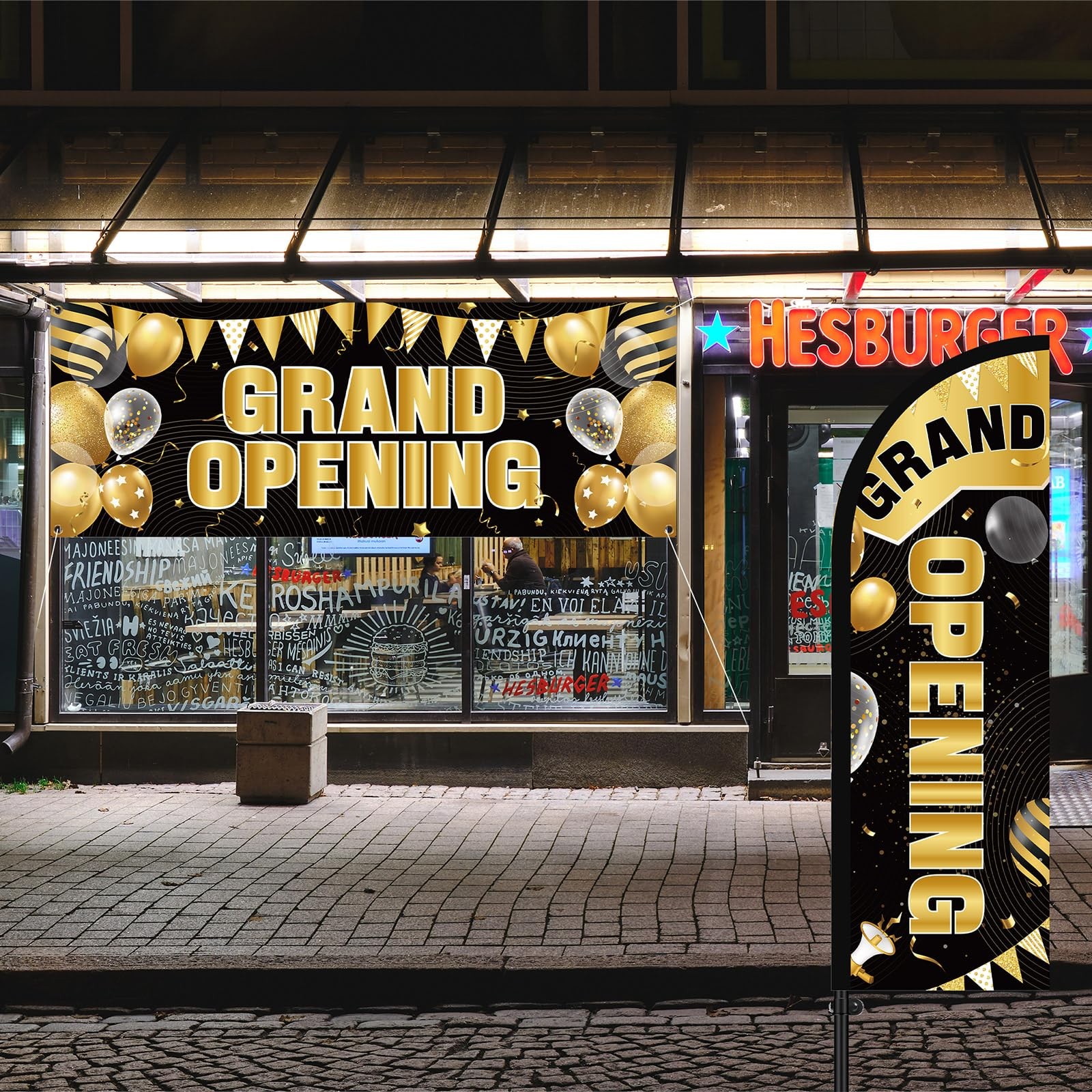 7 ft Black and Gold Grand Opening Banner with Pole Kit Advertising Feather Fl…