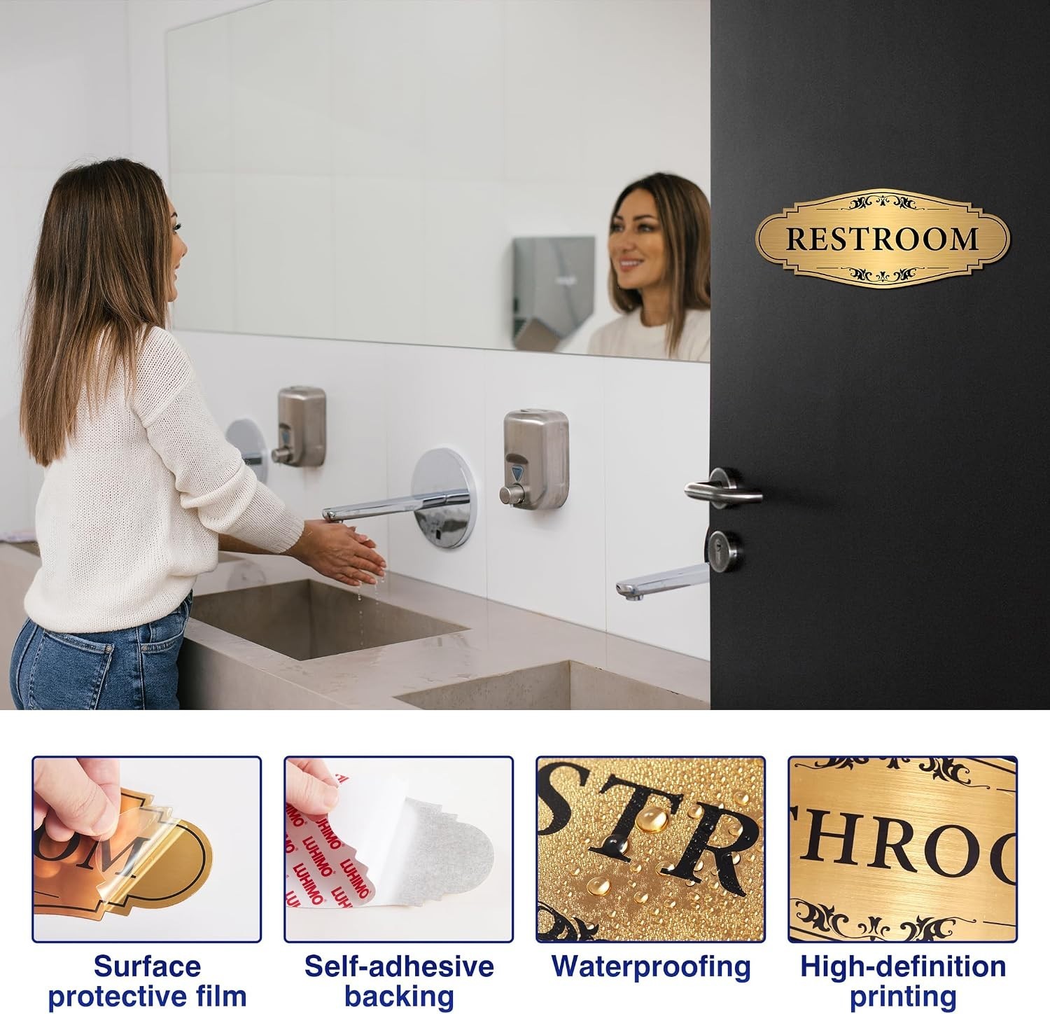 Waterproof Gold Restroom Sign – Unisex Design for Home & Business