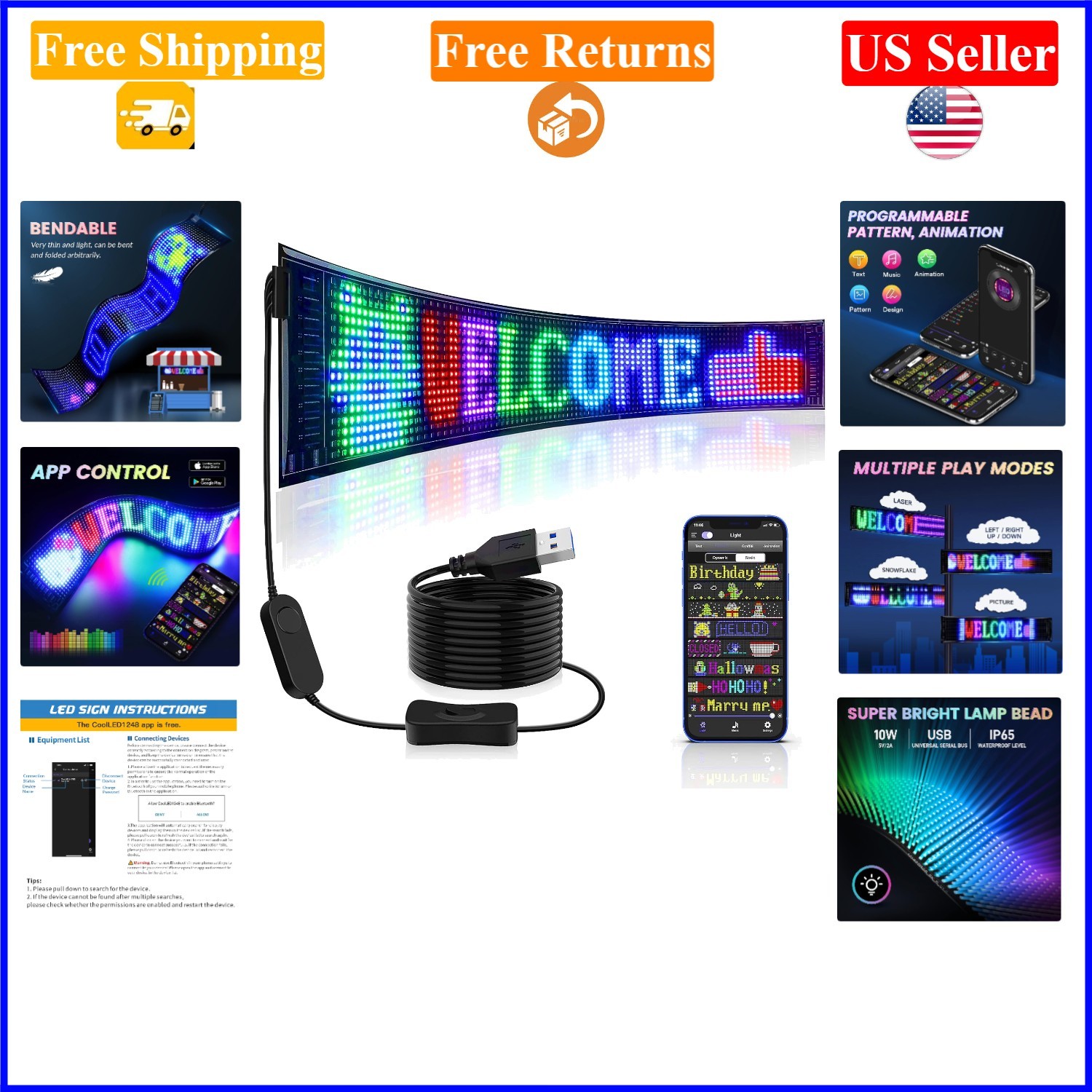 27×5 Inch Bluetooth LED Store Sign, Custom Text & Animation, USB Powered