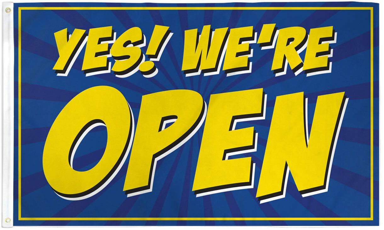 YES! WE’RE OPEN Advertising Flag Banner Sign 3×5 ft Business Store Blue