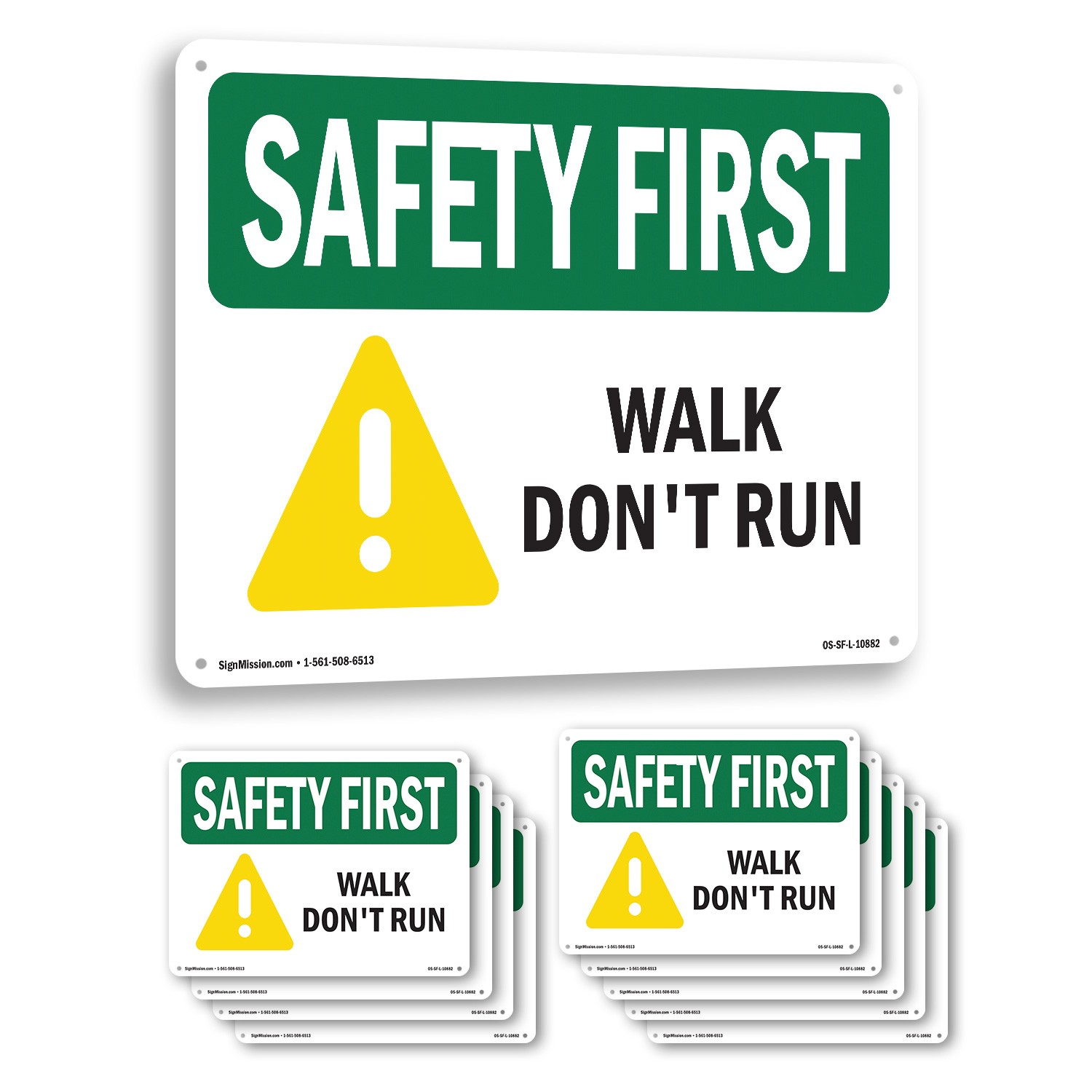 Walk Don’t Run OSHA SAFETY FIRST Sign Metal, Plastic, Or Decal – 5 or 10 Pack