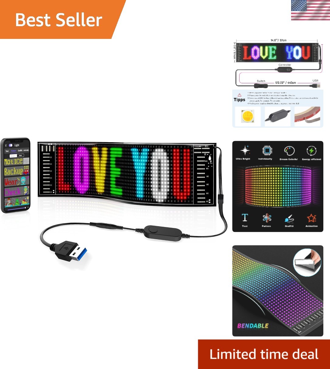 Programmable 15”x4” LED Display Sign – Vibrant Colors, App Control Included