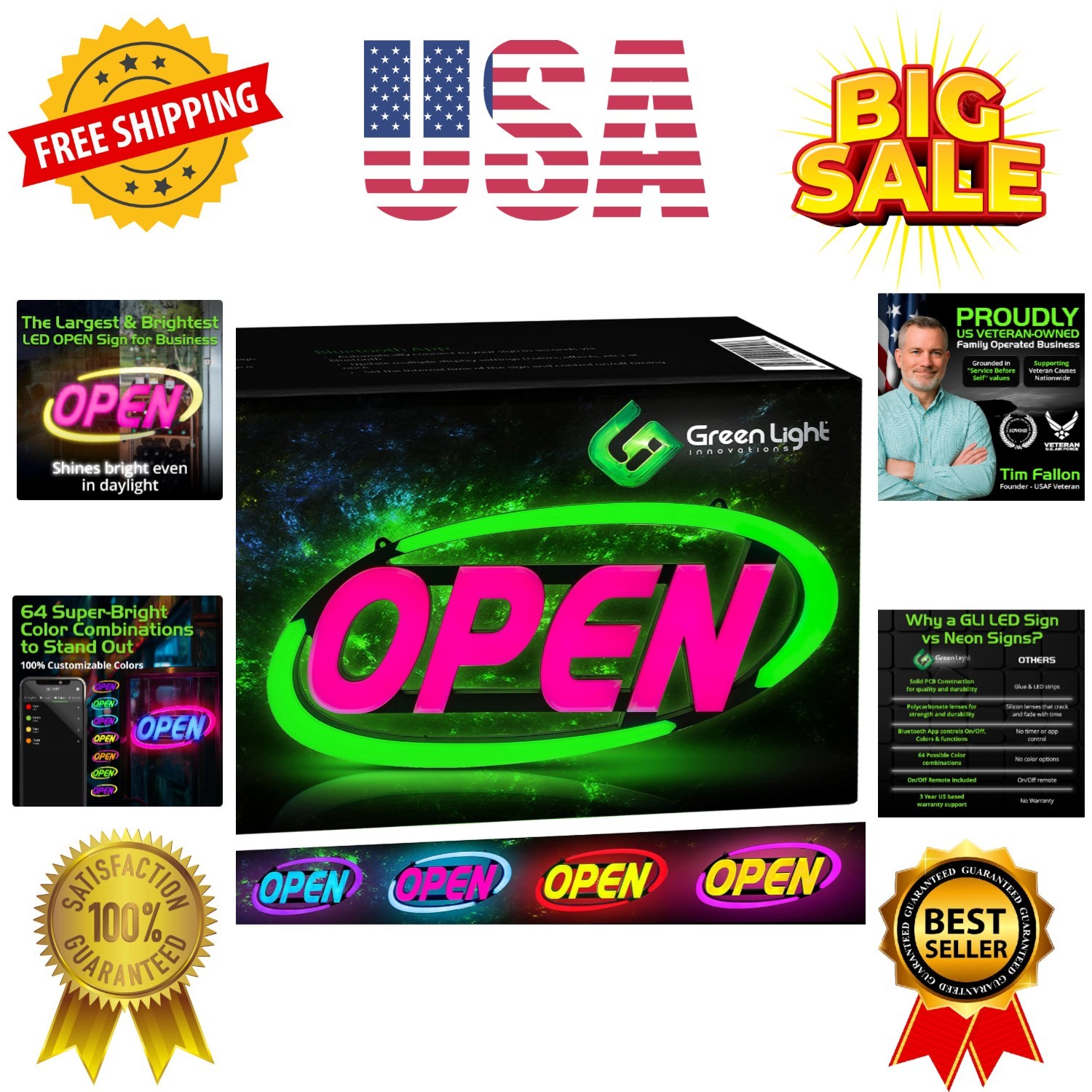 Super‑Bright LED Open Sign 15×32 in – Programmable with 64 Color Combos via A…