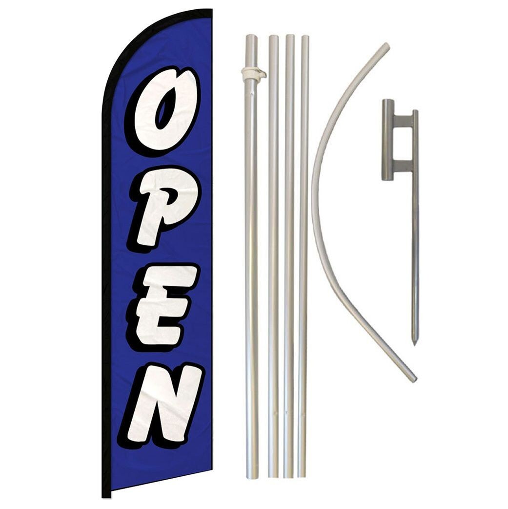 Open Windless Advertising Banner Flag & Pole Kit (Blue/White)