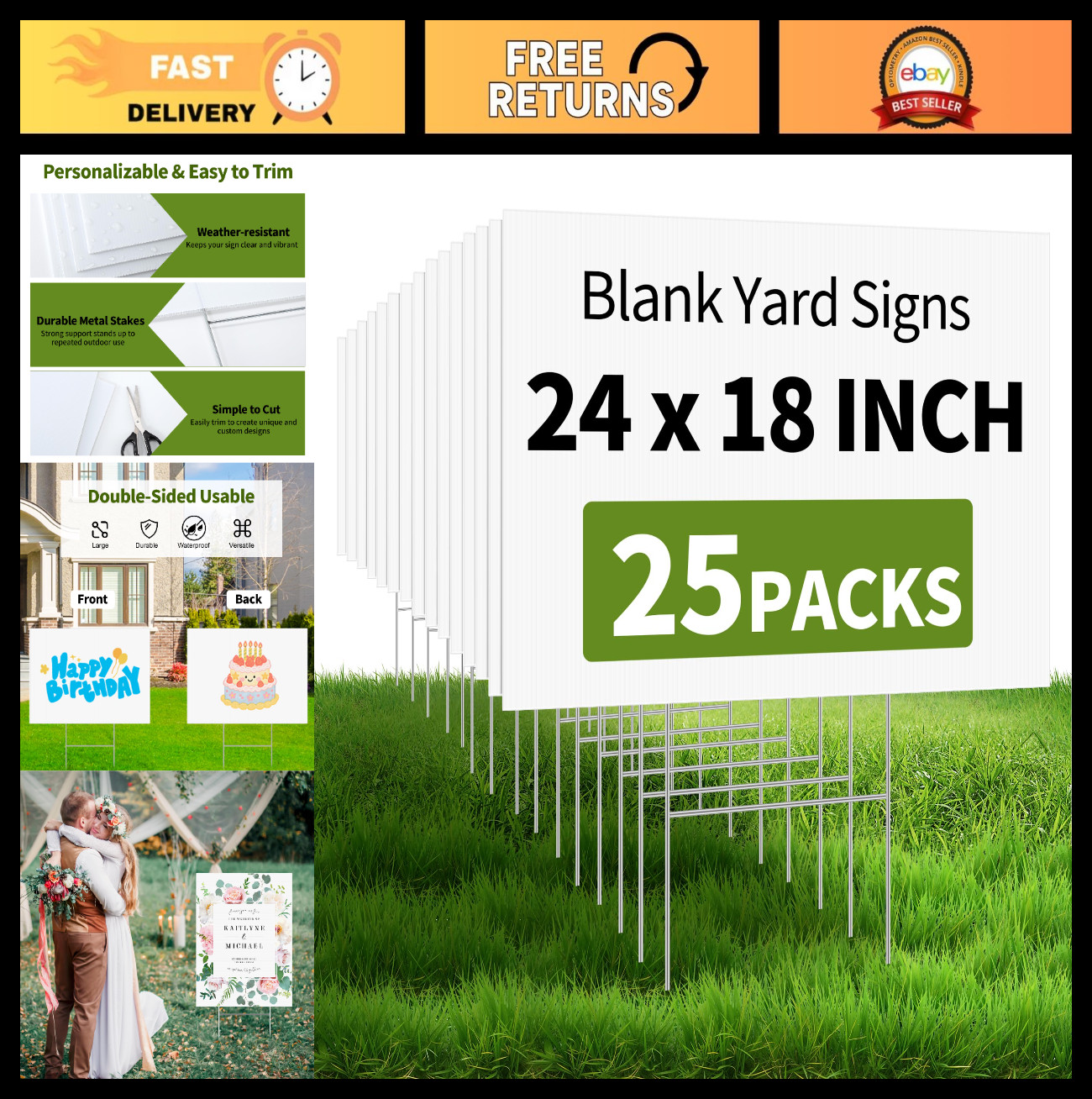 25 Pack Large Blank Yard Signs 24×18″ with Metal Stakes – Waterproof Lawn Poster