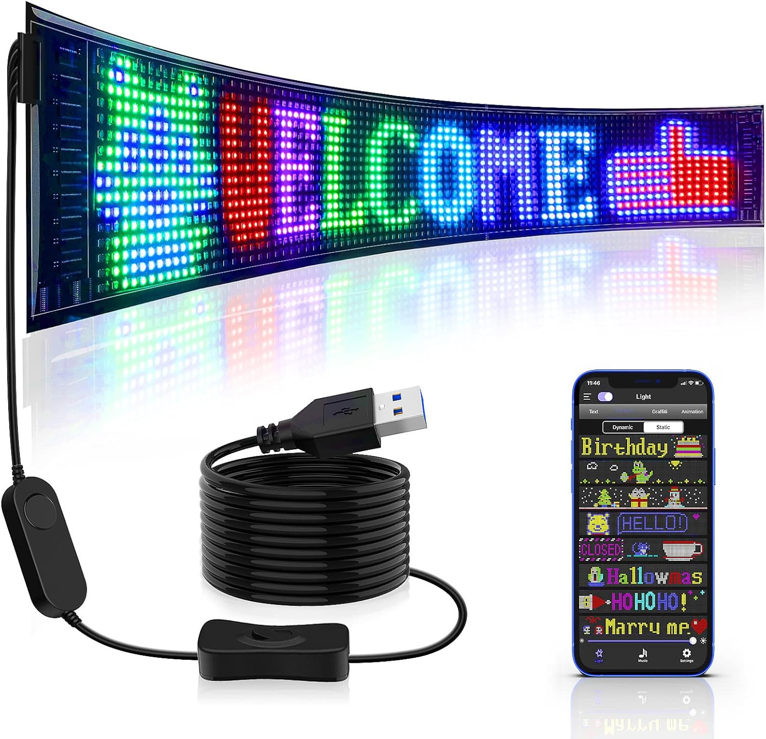 Letrero LED Brillante Flexible 27×5 USB Texto Animado App Para Tienda Auto Bar