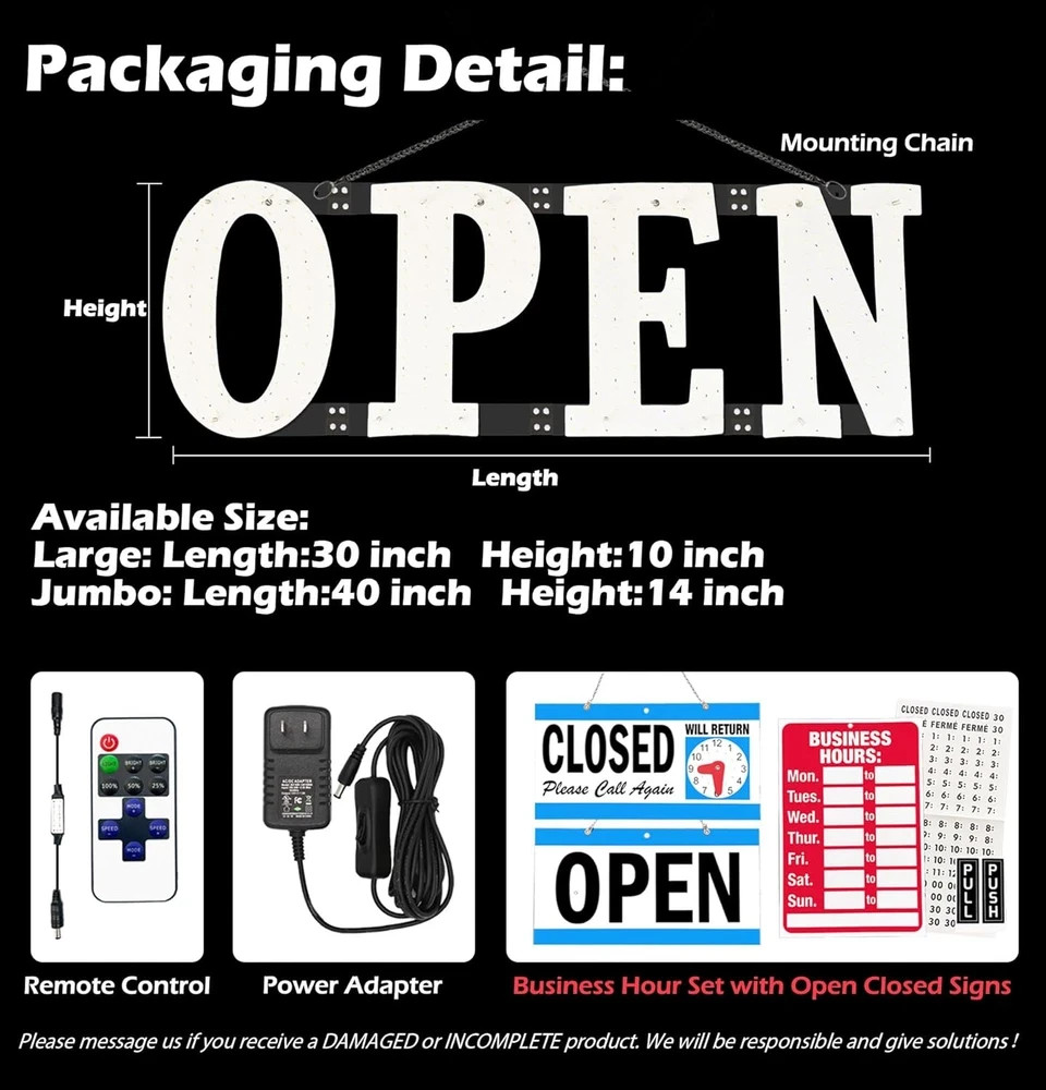Bright Green LED Open Sign with Remote Control for Store, Bar, or Salon