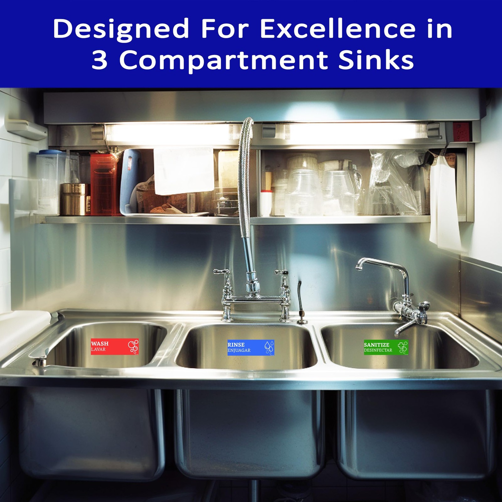 Wash Rinse Sanitize Stickers Great for Restaurants Commercial Kitchens 3 Sink