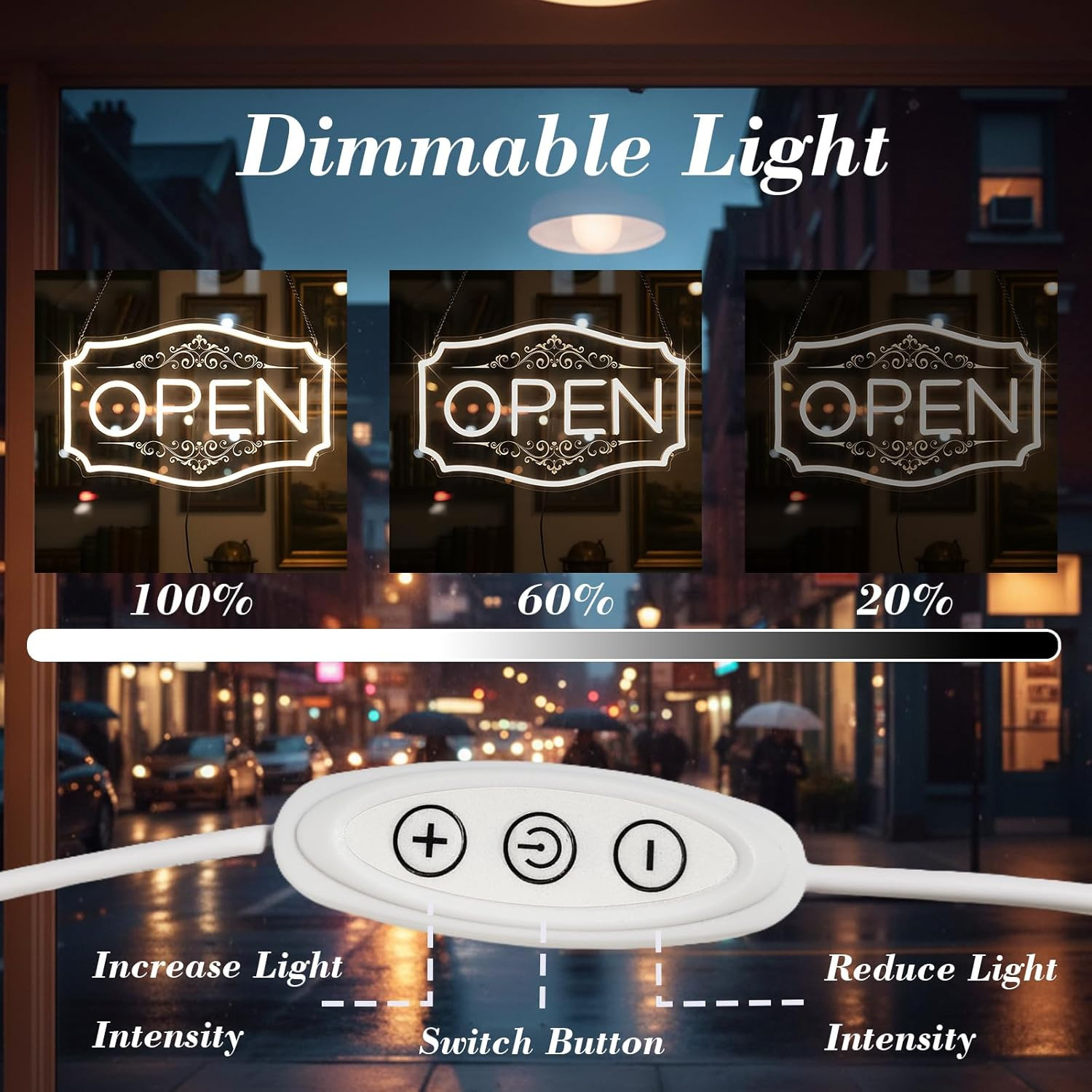 Dimmable 22″ LED Neon Open Sign – Warm White for Storefronts & Windows