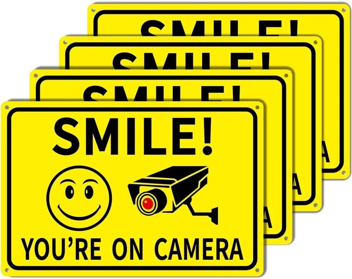 4-Pack Smile You’re On Camera Signs 8″x12″ Rust Free Aluminum Video Surveillance
