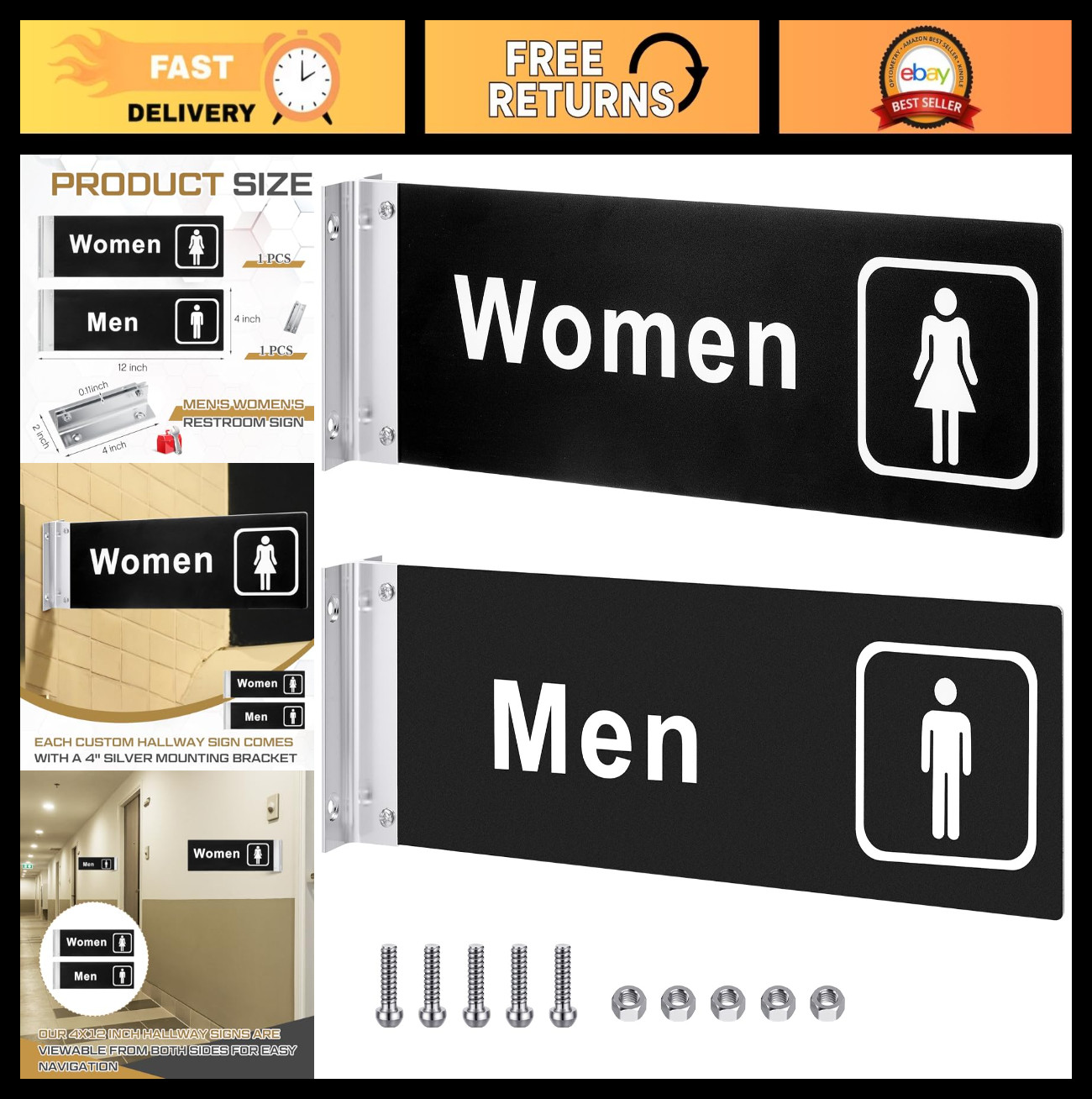 2 Pcs Restroom Signs for Men & Women – Acrylic Double-Sided Bathroom Door Signs,