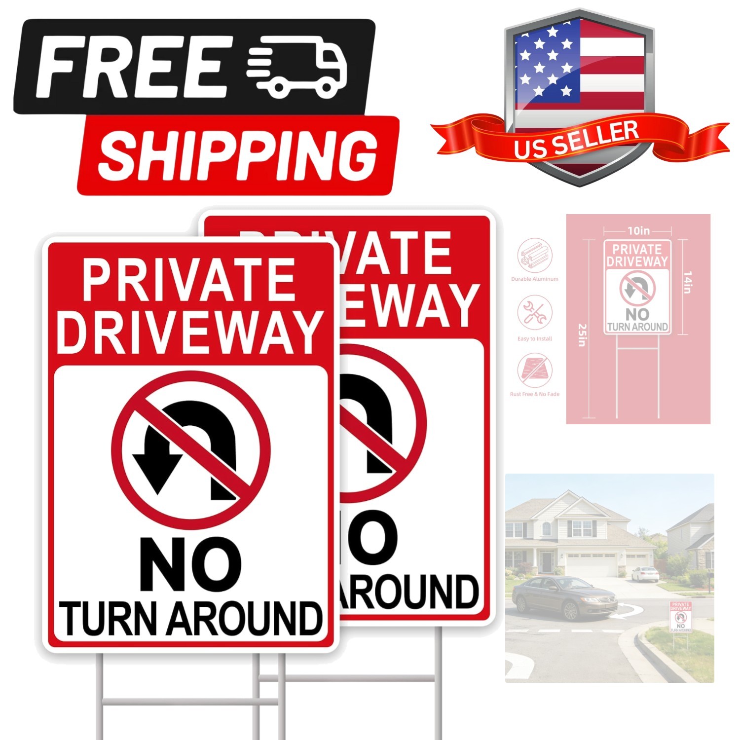 No Turn Around Driveway Sign, 2 Pack Private Driveway Signs 14″x10″ Double-Si…