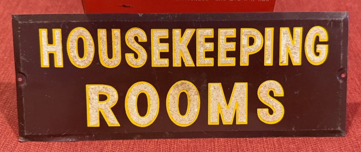 VINTAGE ORIGINAL REFLECTIVE SIGN HOUSEKEEPING ROOMS METAL 9.25″ X 3″
