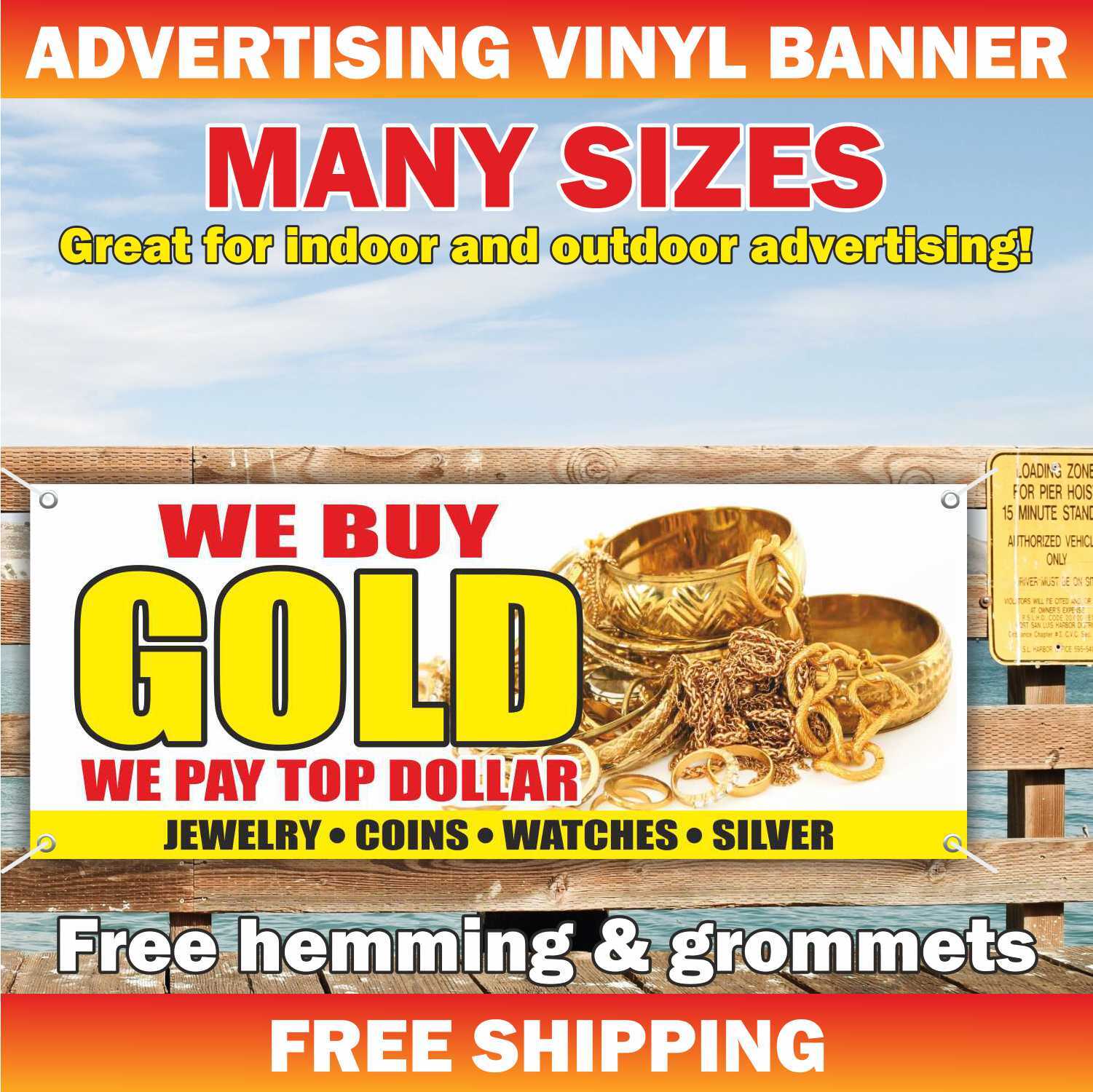 WE BUY GOLD Advertising Banner Vinyl Mesh Sign pawn shop cash Jewelry Silver