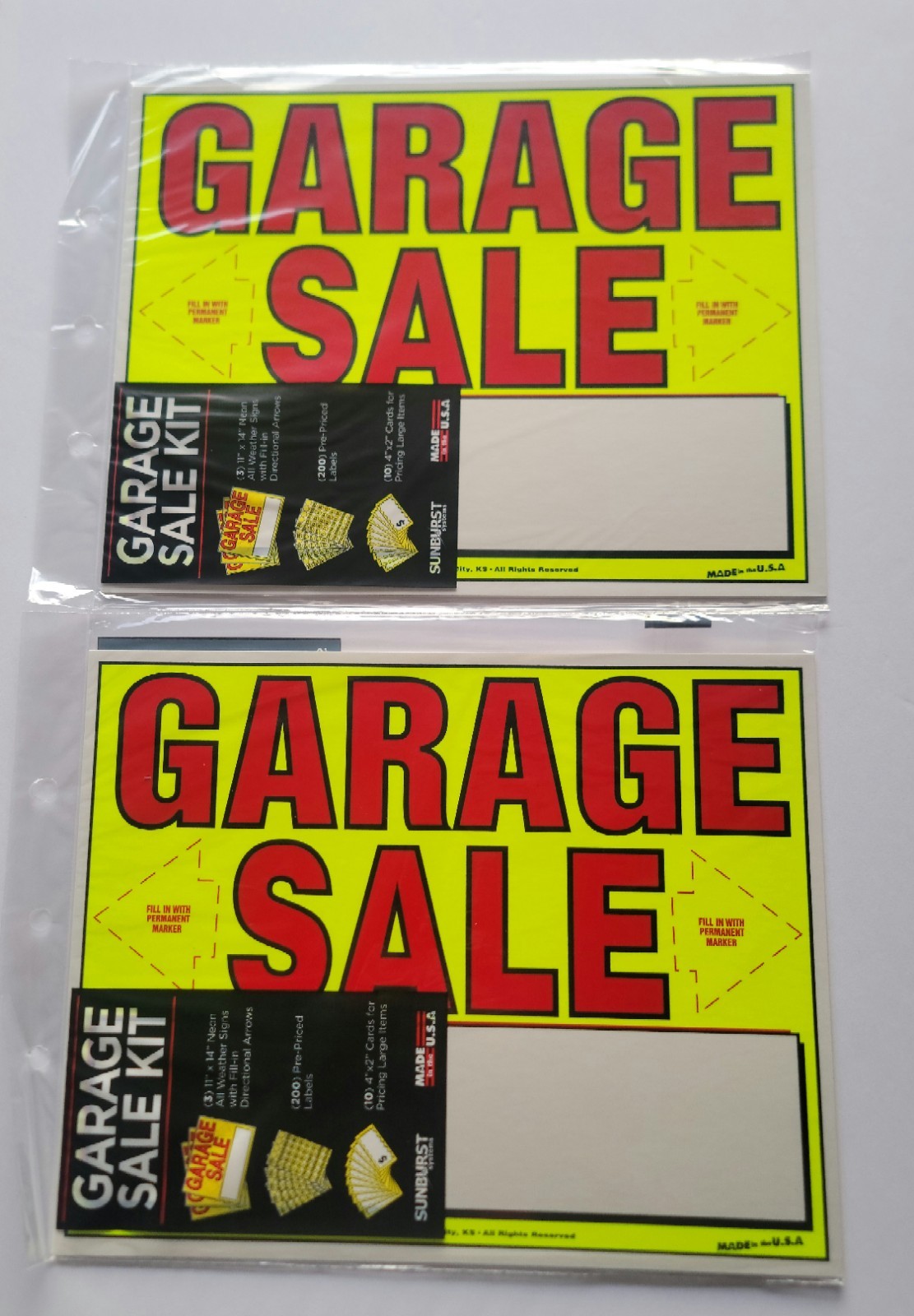 Garage Sale Kit: 3 YARD SIGNS, 600 PRICED STICKERS, 15 LARGE LABELS, LOT OF 2.