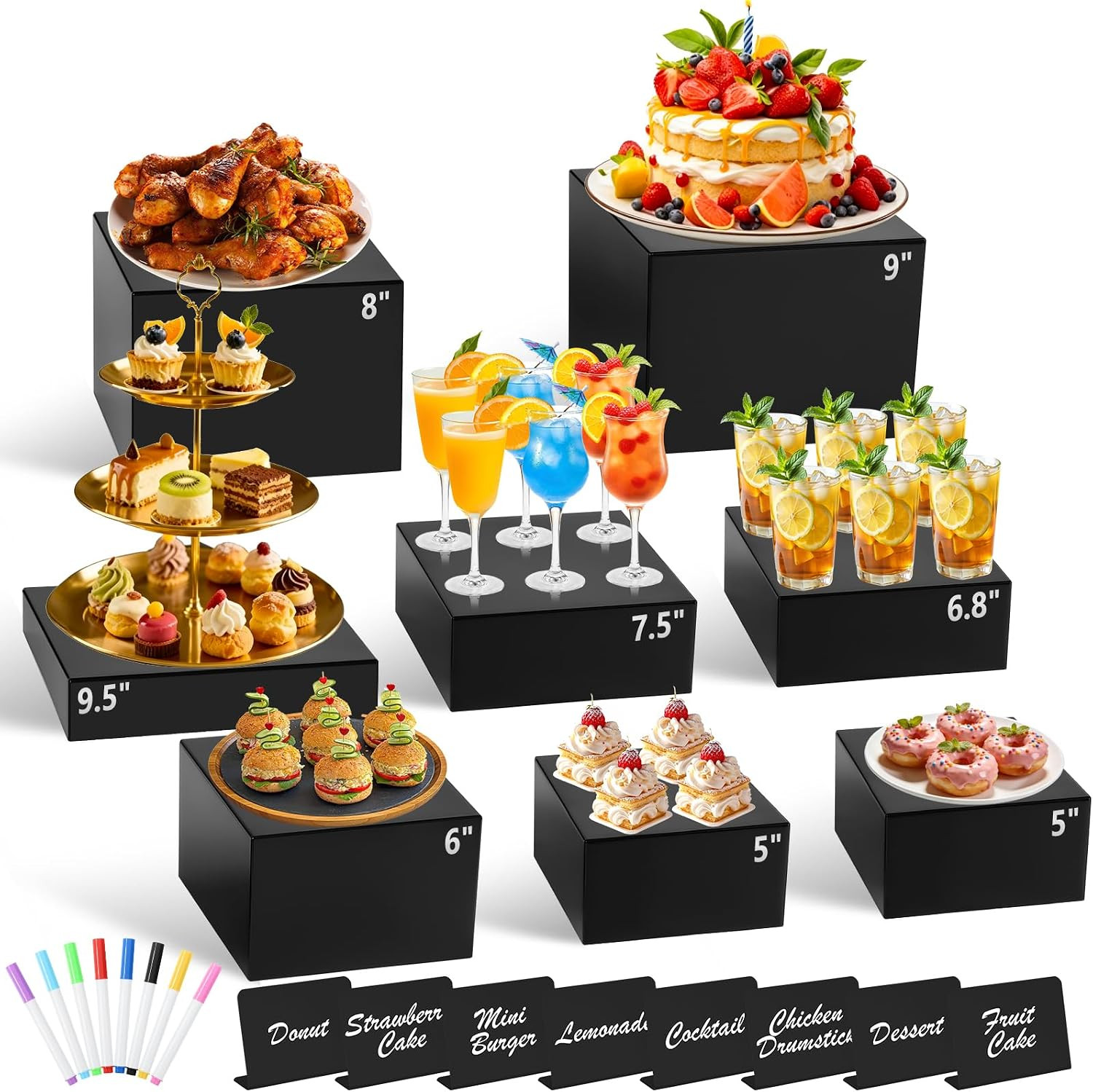 8Pcs Black Acrylic Buffet Risers with Mini Sign and Marker, Black Acrylic Risers