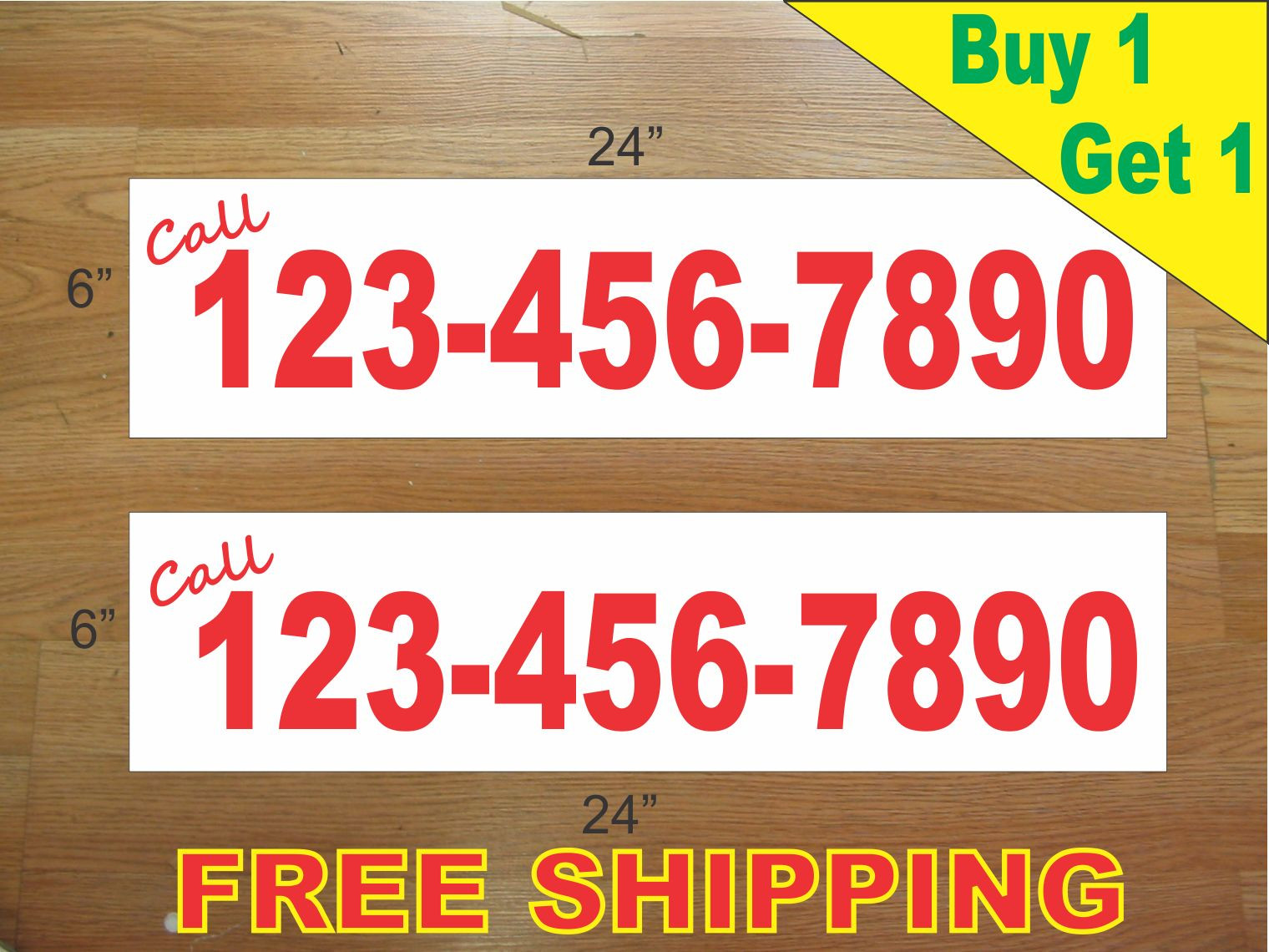CUSTOM PHONE NUMBER # Red Text 6″x24″ REAL ESTATE RIDER SIGNS Buy 1 Get 1 FREE