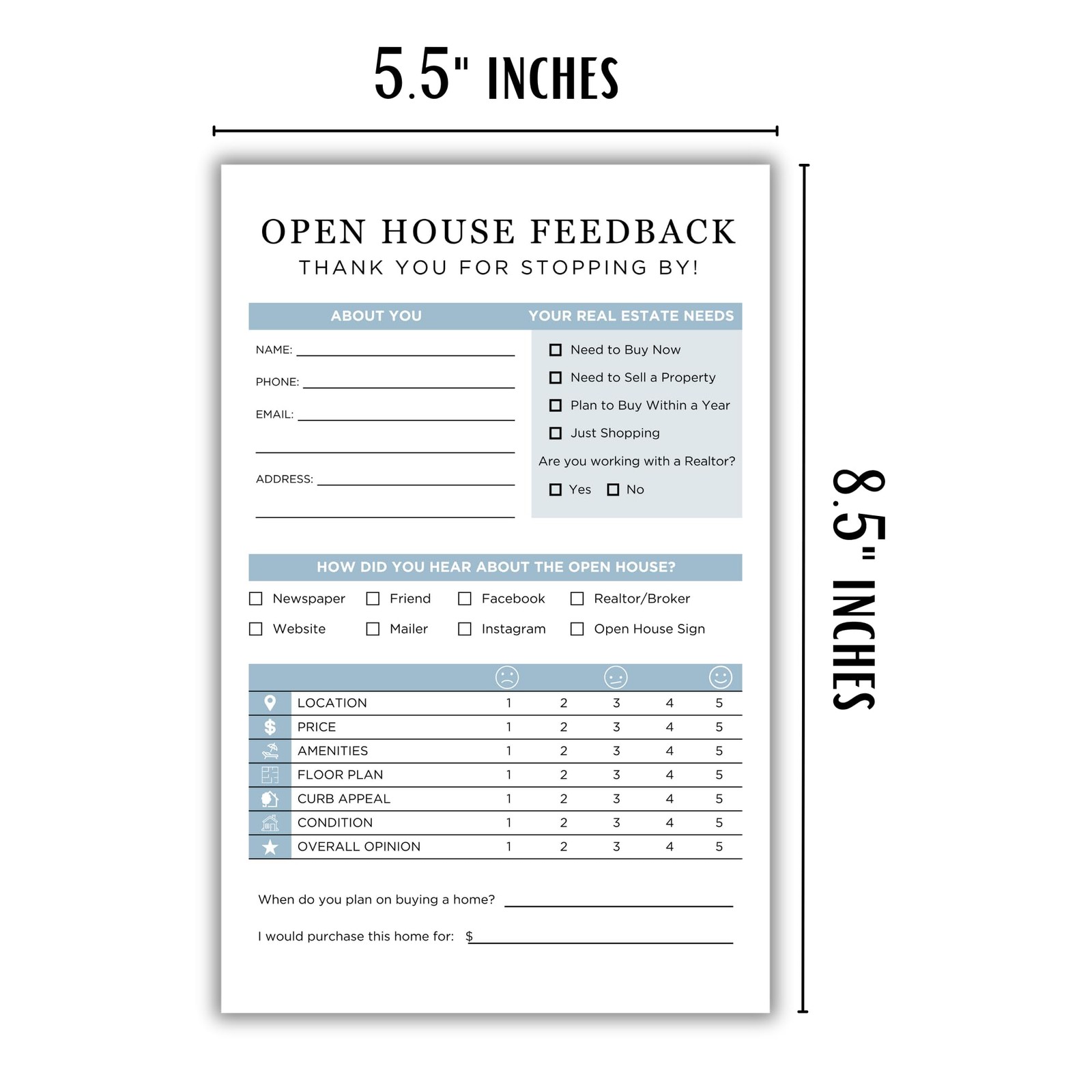 Realtor Open House Feedback Form Sign In Sheet Marketing Cards 75 PCS Pack