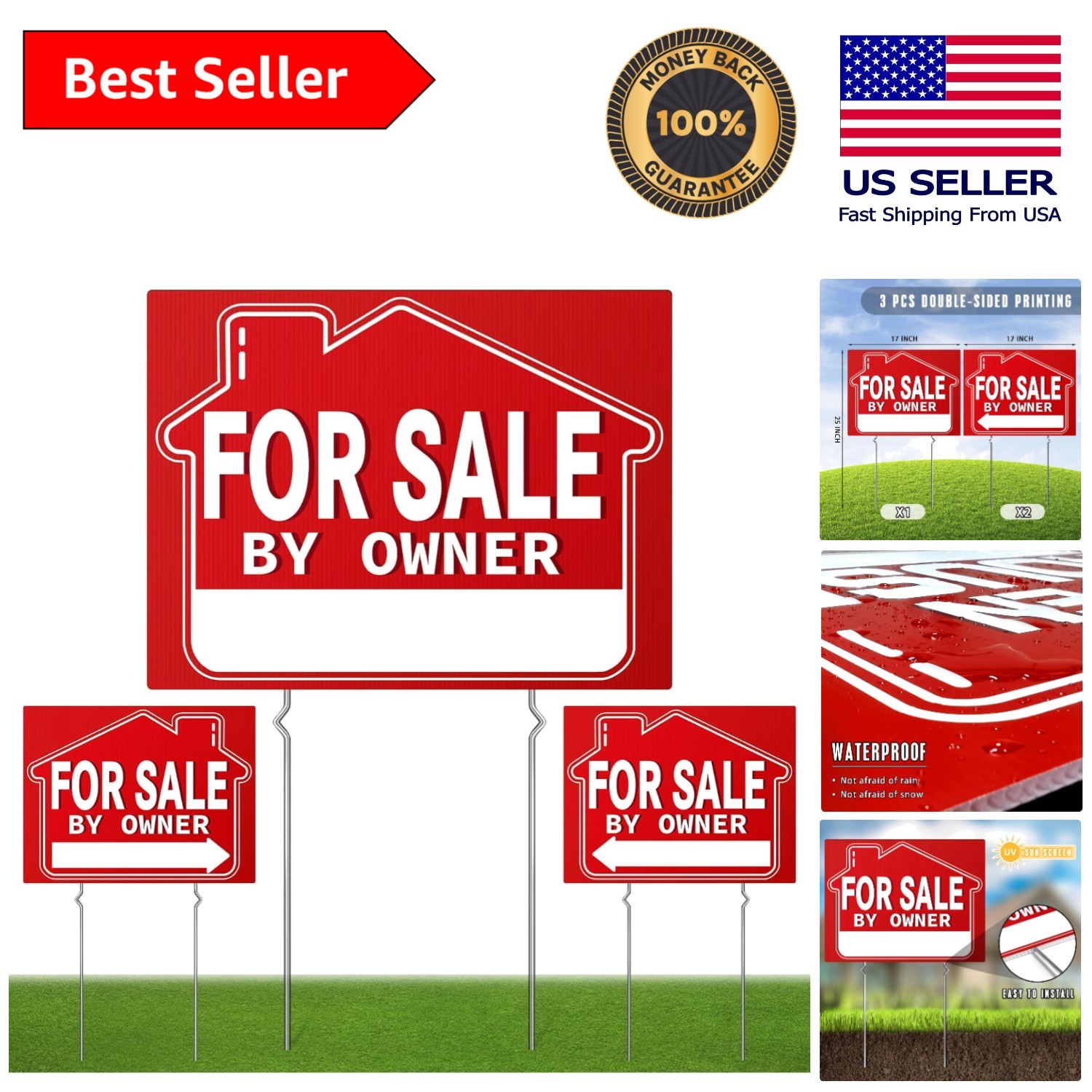 18″ x 14″ Double-Sided Yard Signs 3 Pack with Metal Stakes for Real Estate Sale
