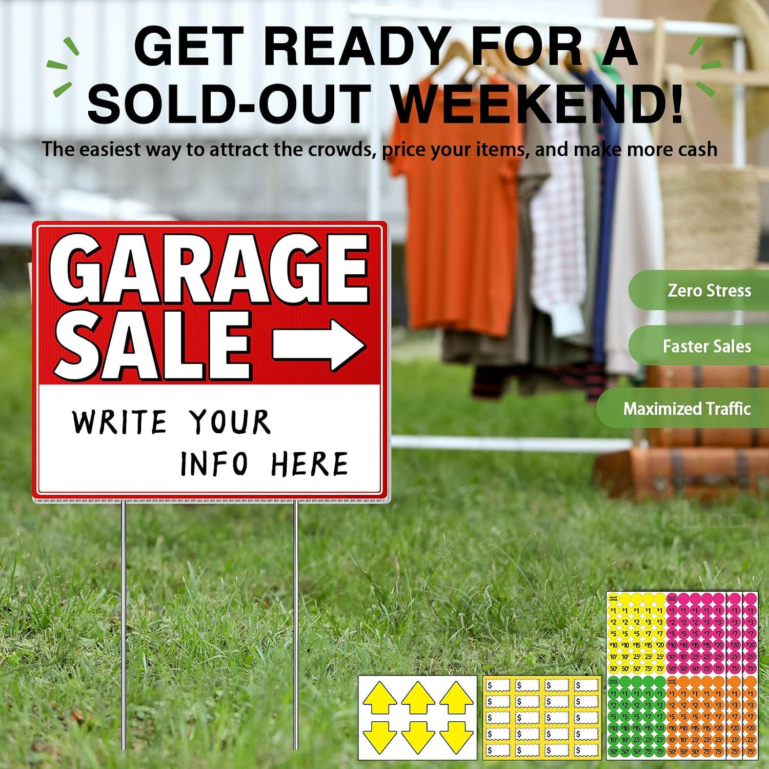 Garage Sale Signs with Stakes (3 Pack Kit) – Double Sided Yard Sale Signs with H