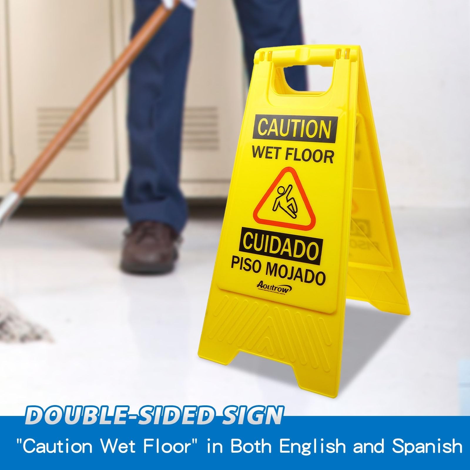 Aoutrow Caution Wet Floor Sign, Bilingual Foldable Safety Sign (17.12in x 8.3…