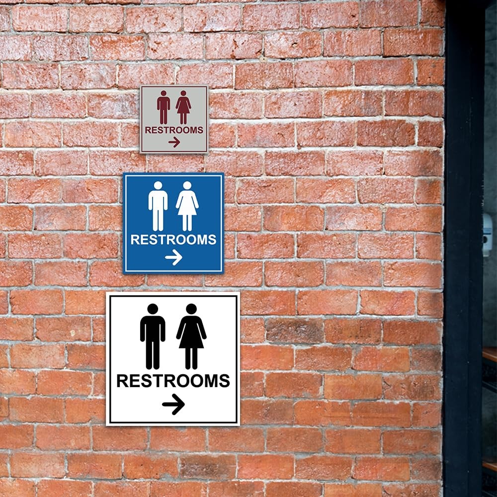 1 Pack Square Restrooms Right Arrow Sign Navy Blue White Large Wall Plate