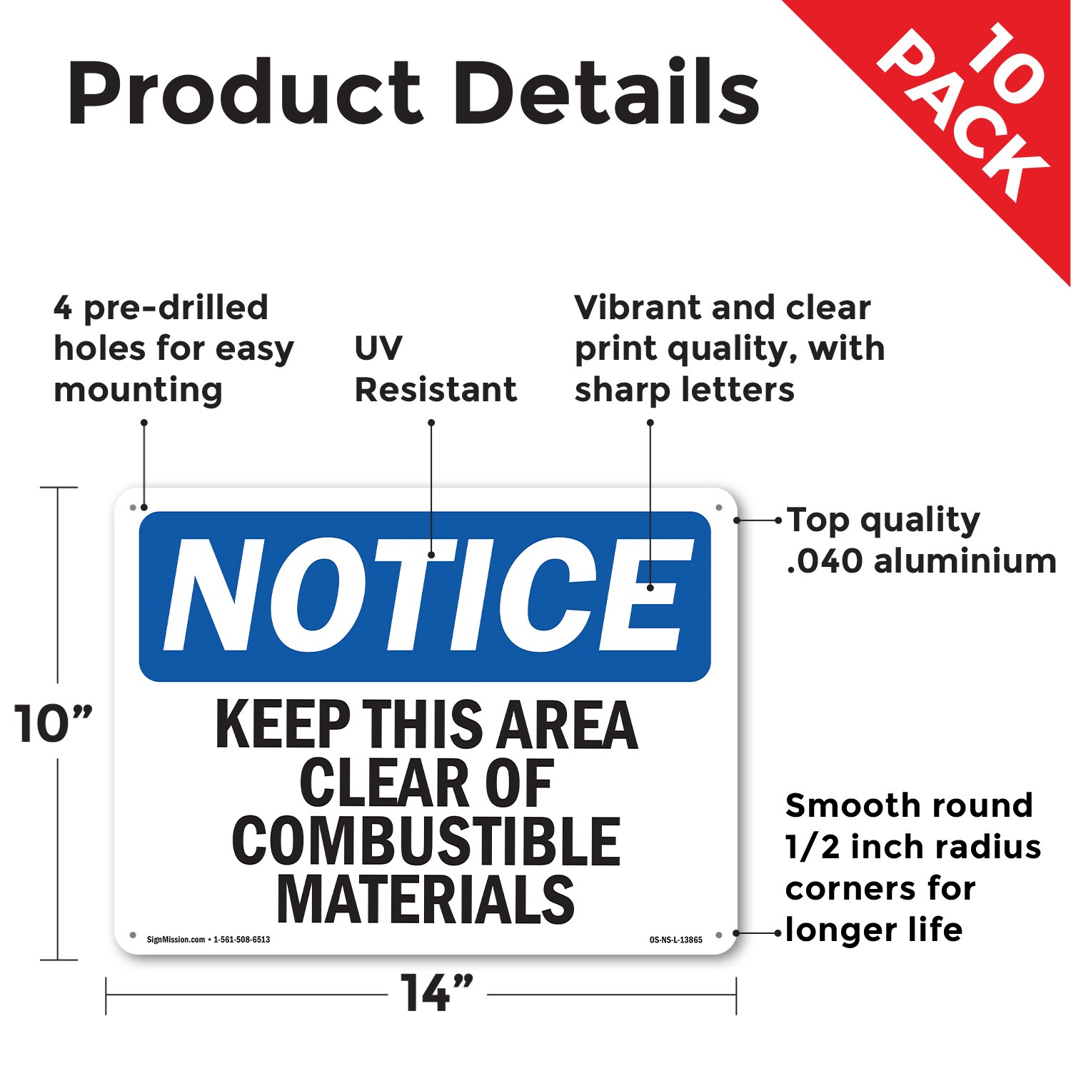 Keep This Area Clear Of Combustible Materials OSHA Notice Sign, Decal 5/10 Pack