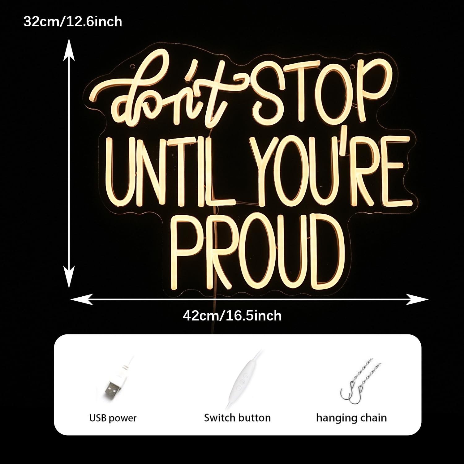 Don’t Stop Until You Are Proud Neon Sign Warm White LED Neon Light Dimmable U…