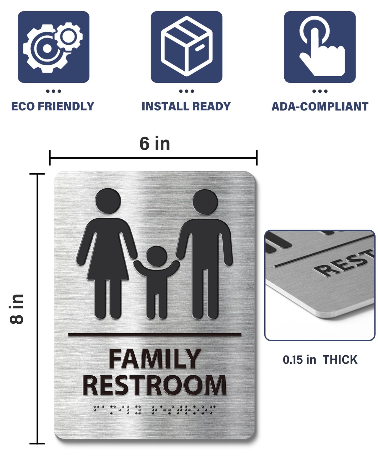 6×8 ADA-Compliant Family Restroom Sign, Braille, Modern Aluminum, Bathroom