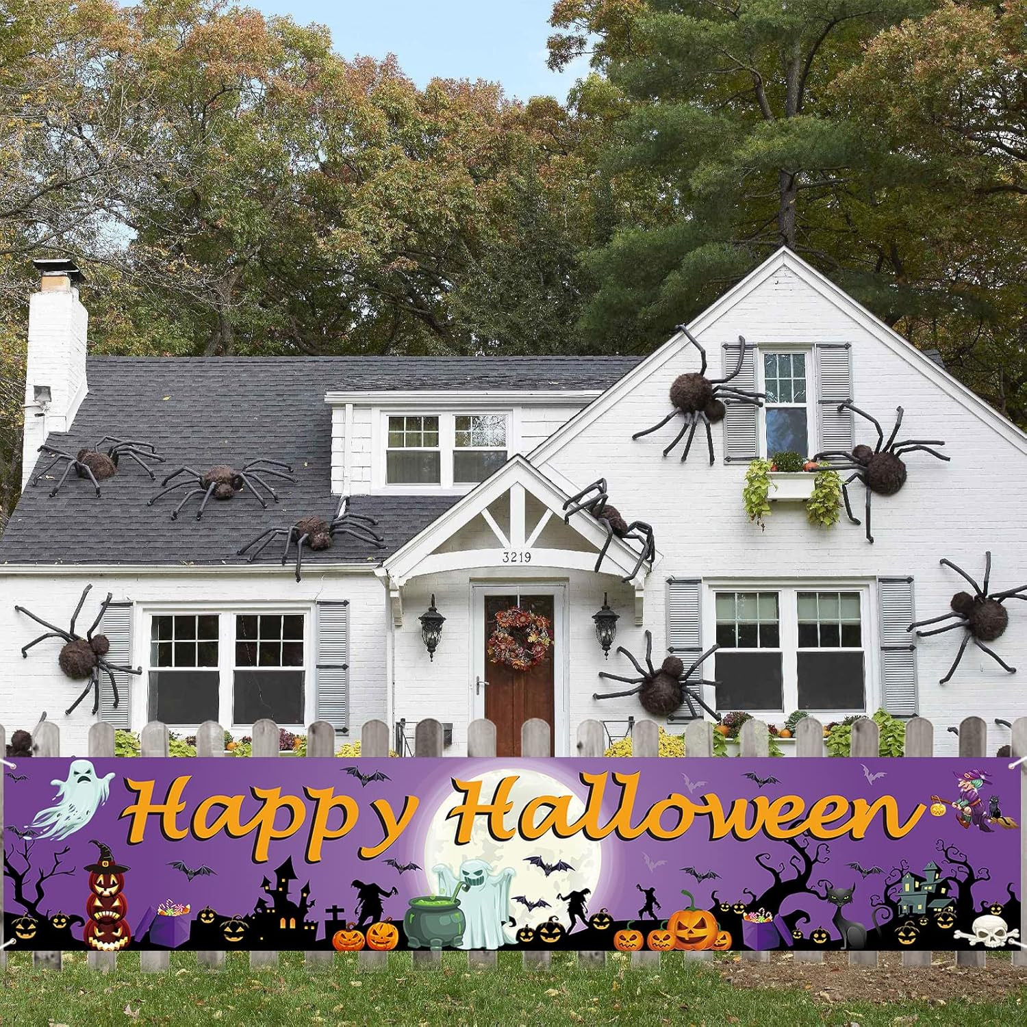 Happy Halloween Banner – Long Fabric Pumpkin Ghost Moon Trick or Treat Yard Sign
