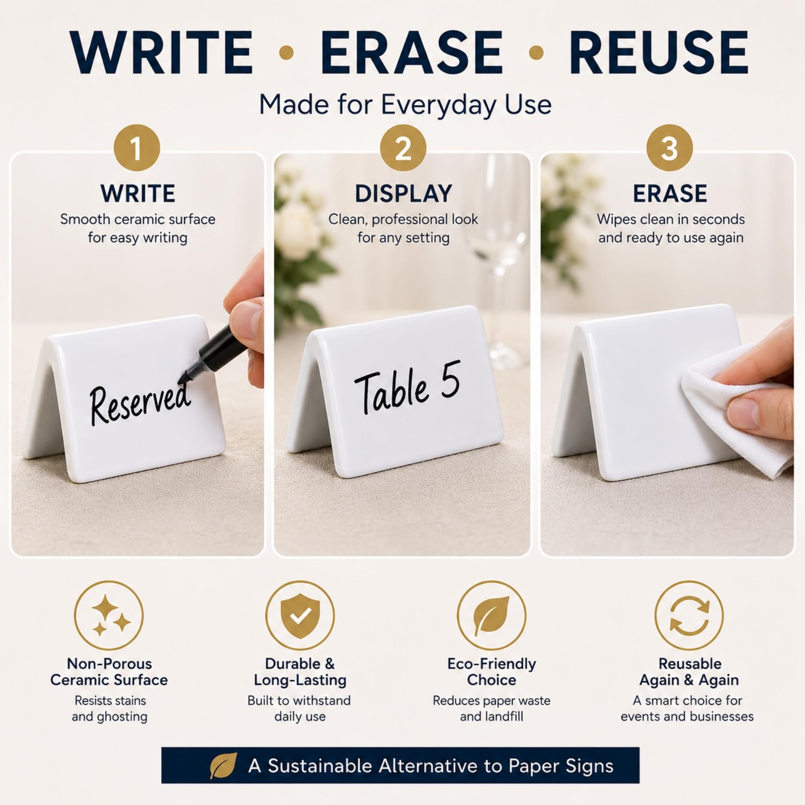 Double Sided Ceramic Dry Erase Table Tent Sign White – 3-1/2″x2″ – Reusable T…