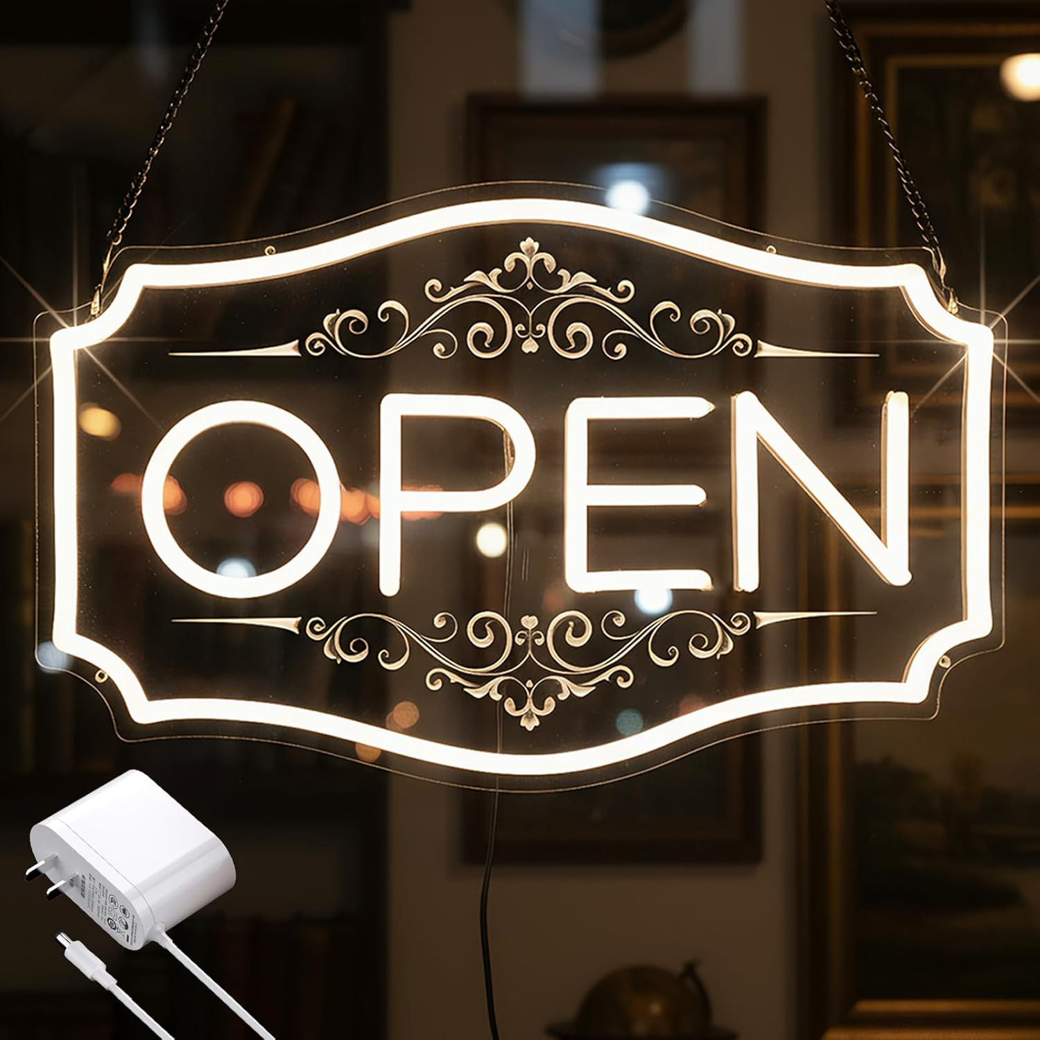 Dimmable 22″ LED Neon Open Sign – Warm White for Storefronts & Windows