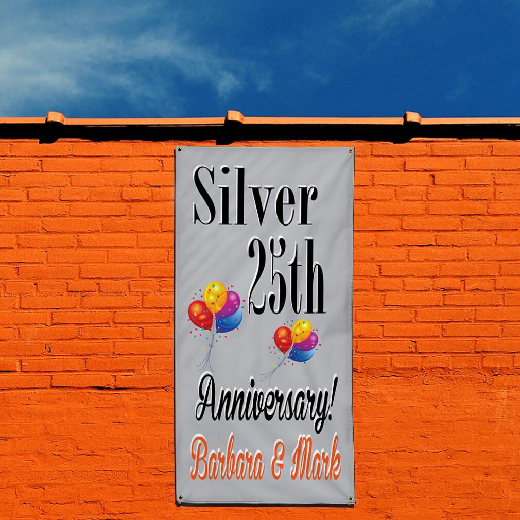 Vertical Vinyl Banner Multiple Sizes Happy 25Th Anniversary! Custom Names Silver