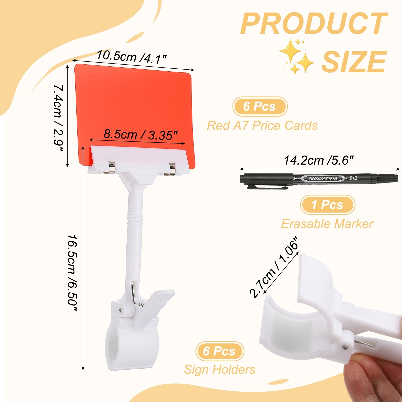 6 Pcs Sign Holders with Red A7 Plastic Cards & Erasable Marker, White