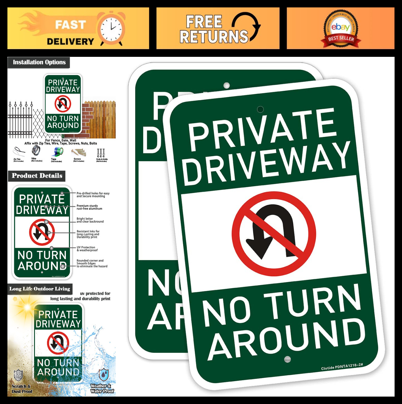 2 Pack No Turn Around Driveway Signs – 12″x18″ Reflective Metal, Waterproof, UV