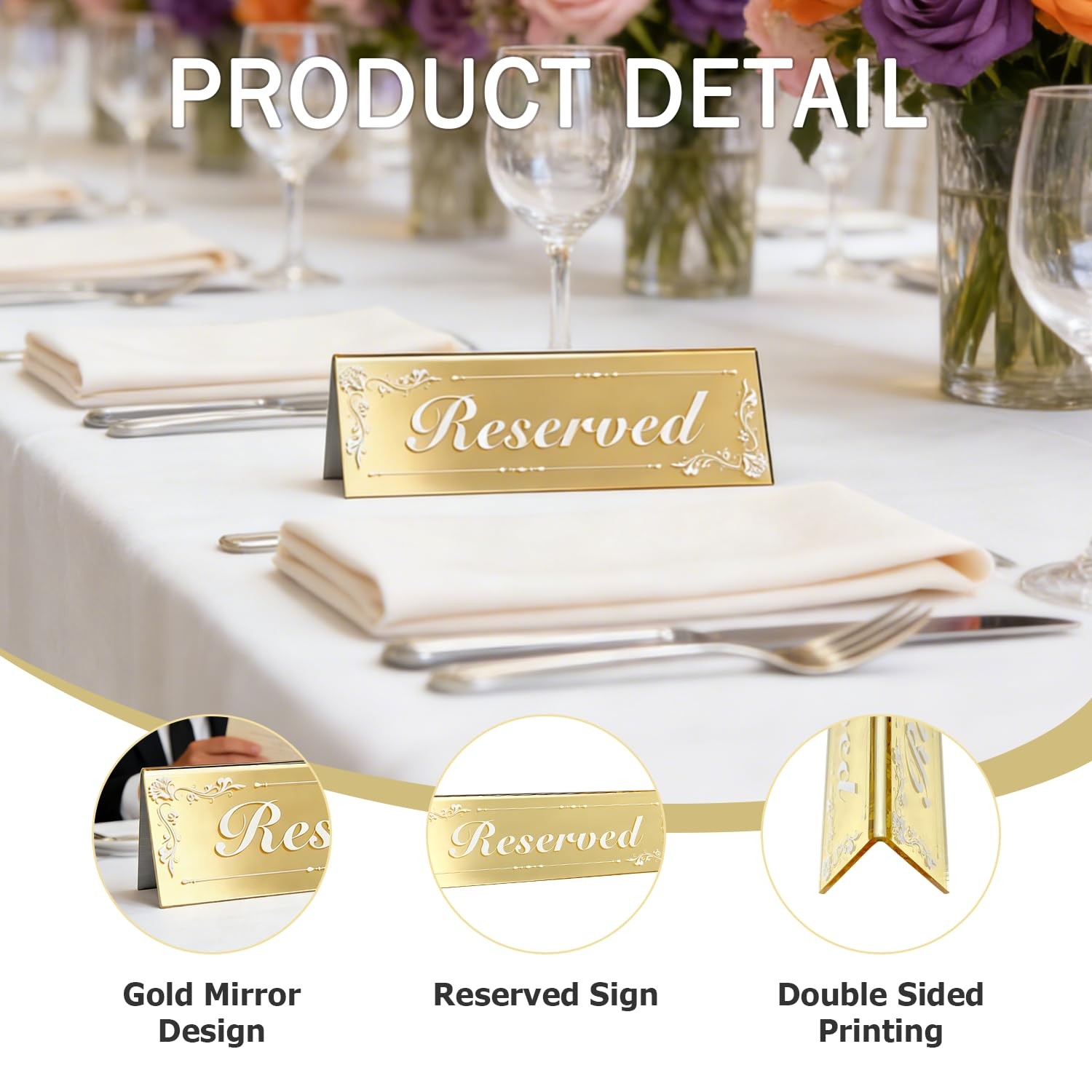 6 PCS Mirrored Gold Reserved Table Signs 6×2 Inch DoubleSided Acrylic Cards
