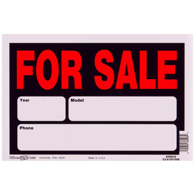 Hillman Automobile for Sale 8-In X 12-In Styrene Sale/For Sale Sign