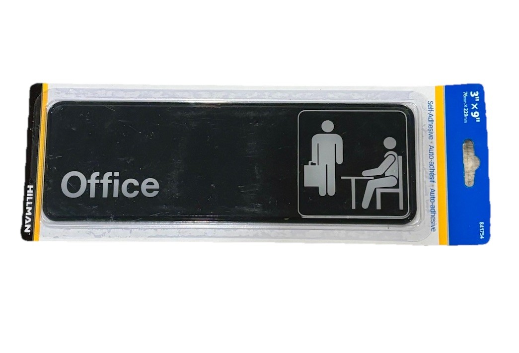 Hillman Office Door Sign 3×9 Inch Self Adhesive Plastic Black White