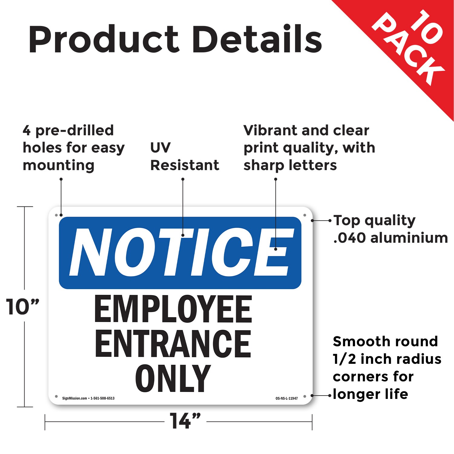 Employee Entrance Only OSHA Notice Sign Metal, Plastic, Or Decal – 5 or 10 Pack