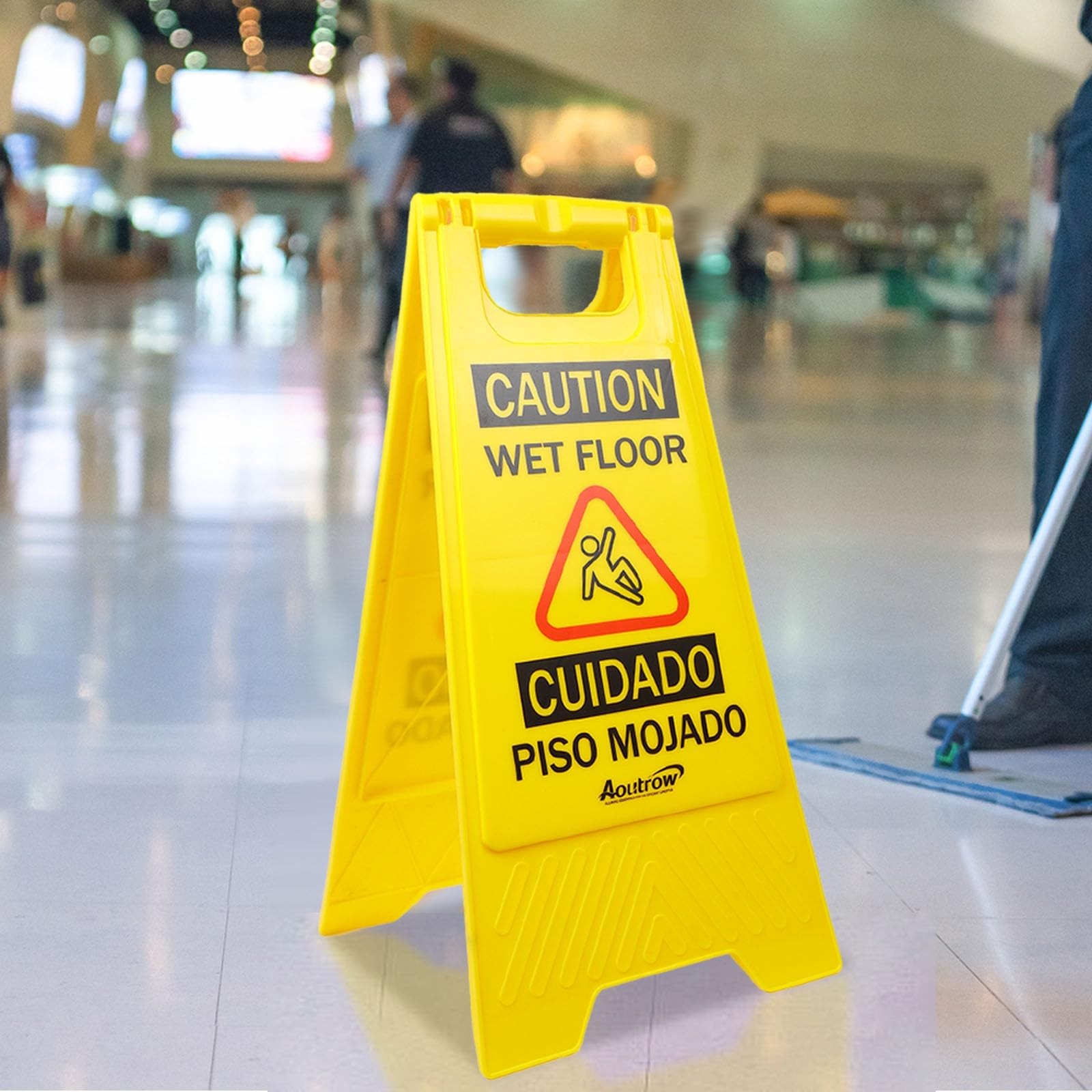 Aoutrow Caution Wet Floor Sign, Bilingual Foldable Safety Sign (17.12in x 8.3…