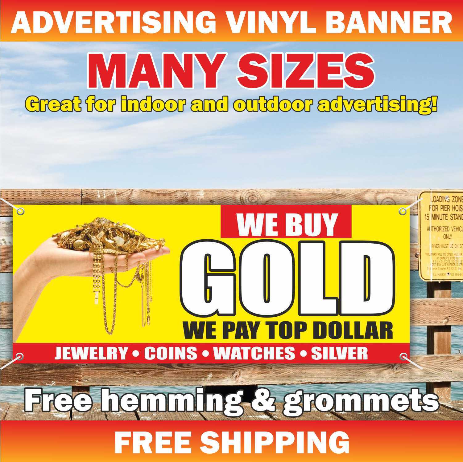 WE BUY GOLD Advertising Banner Vinyl Mesh Sign pawn shop cash Jewelry Silver