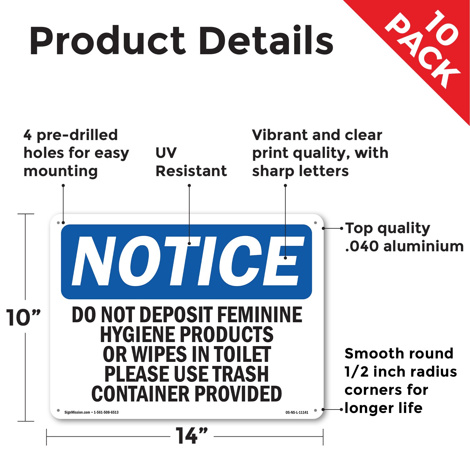 Do Not Deposit Feminine Hygiene Products OSHA Notice Sign, Decal 5 or 10 Pack