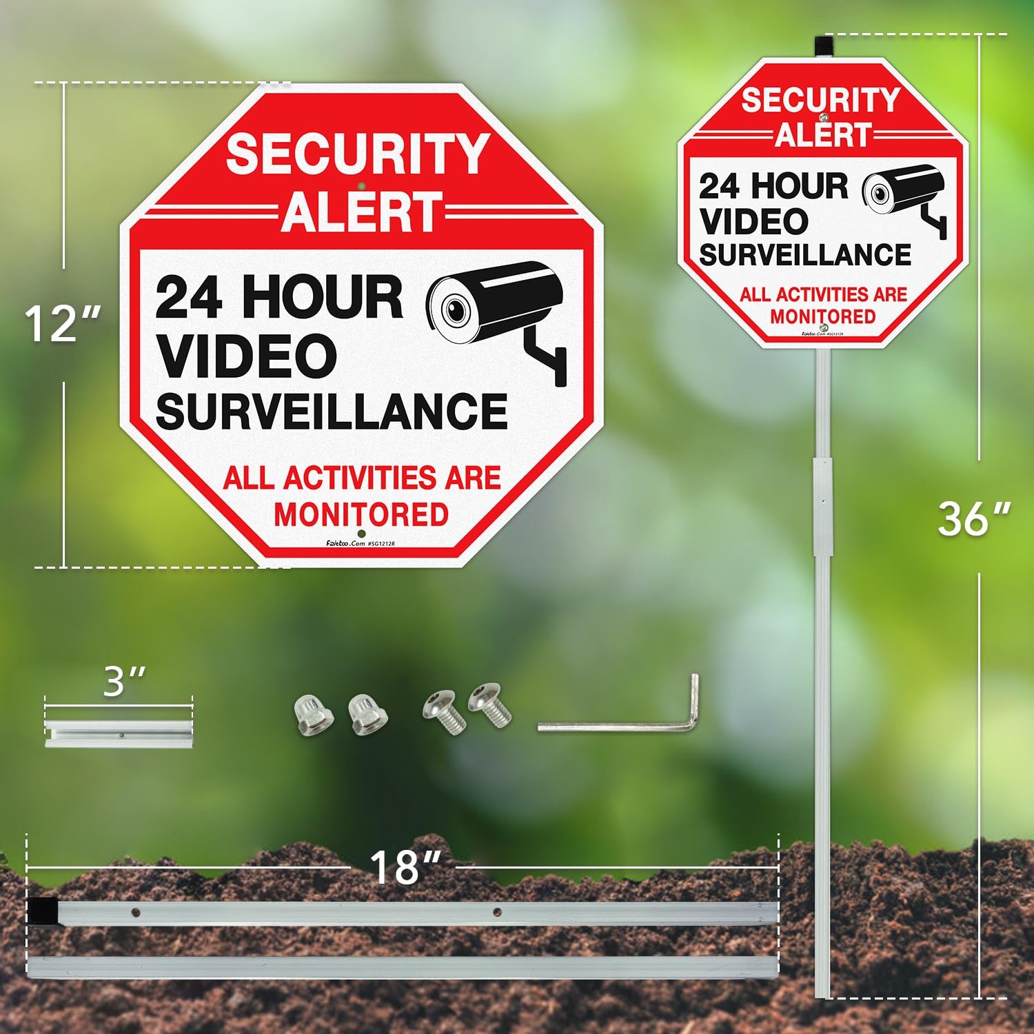 Security Video Surveillance Sign 12x12Inch With 36 Inch Stake Aluminum Rust Free